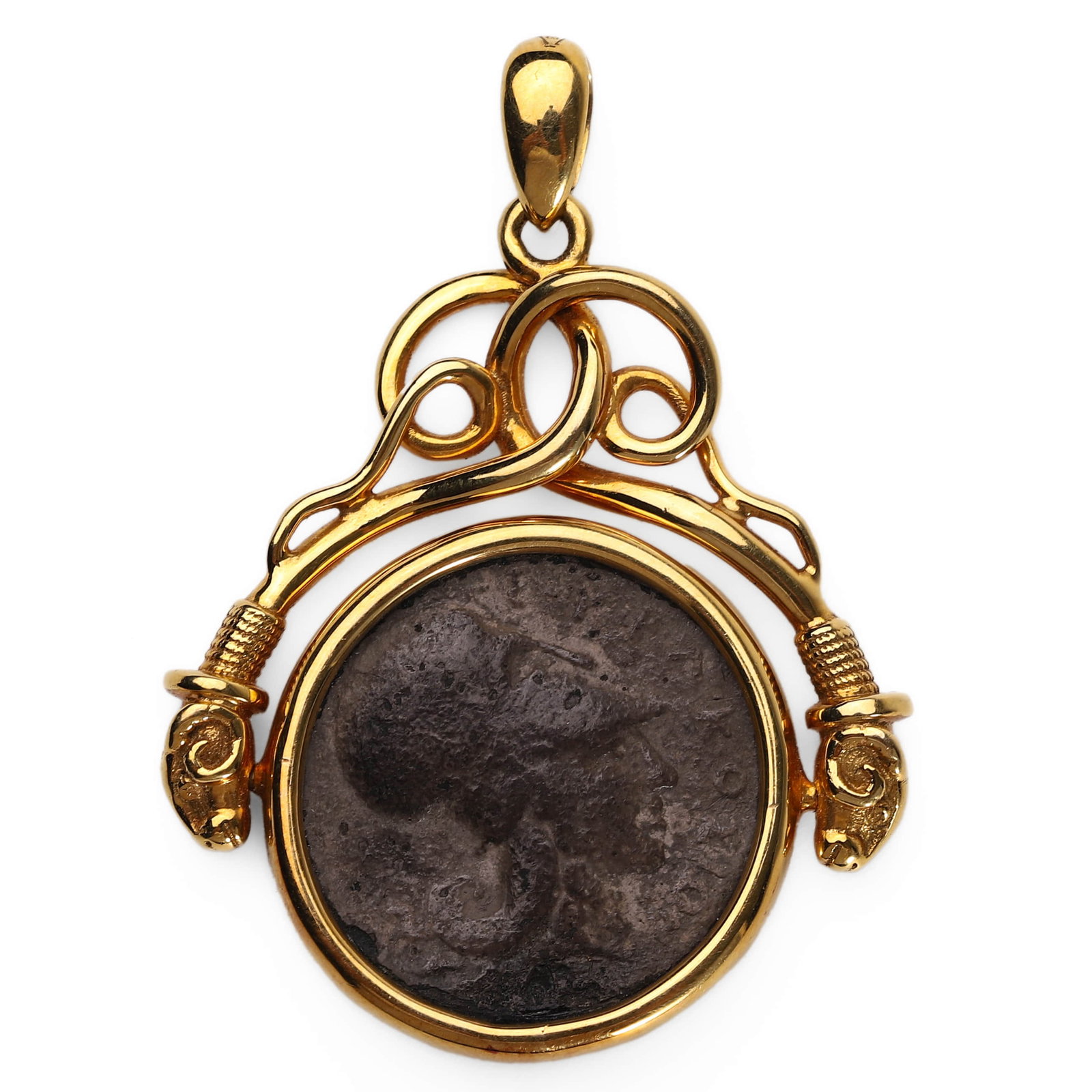 COIN PENDANT WITH PEGASUS AND FEMALE PROFILE: Dimensions: Height: 1 3/8 in. (34.8 mm), Width: 1 3/16 in. (30 mm), Weight: 13.9 g This pendant features an ancient-style coin depicting a female profile on the obverse and Pegasus??the mythical winge