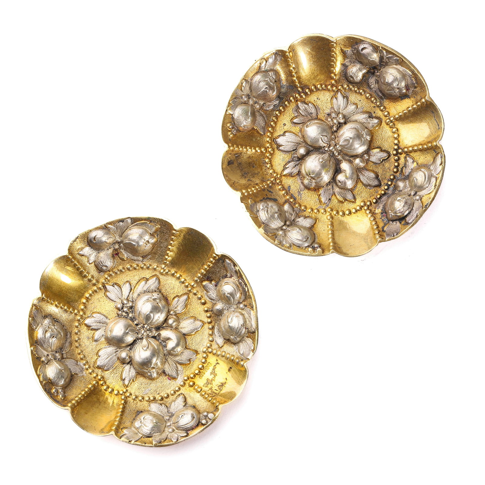 A Pair of Gilded Floral Embossed Decorative Dishes: Diameter: 3 1/4 in (8.3 cm).