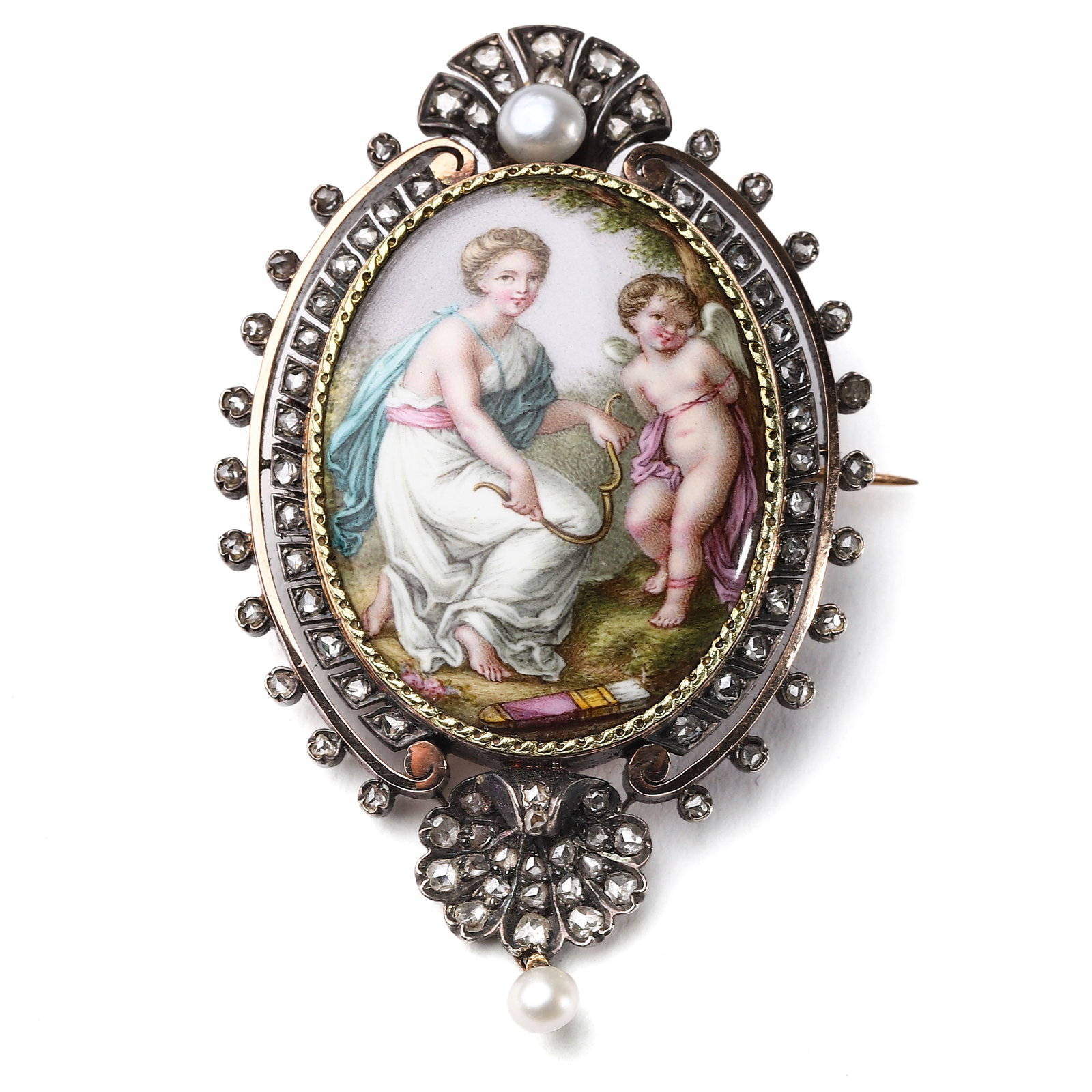 A CONTINENTAL ENAMEL, DIAMOND, AND PEARL BROOCH, CIRCA 1880, LATE 19TH CENTURY.: This exquisite late 19th-century continental brooch features an oval enamel plaque finely painted with a classical scene of a seated lady with a bow and a winged cherub, possibly depicting Venus and