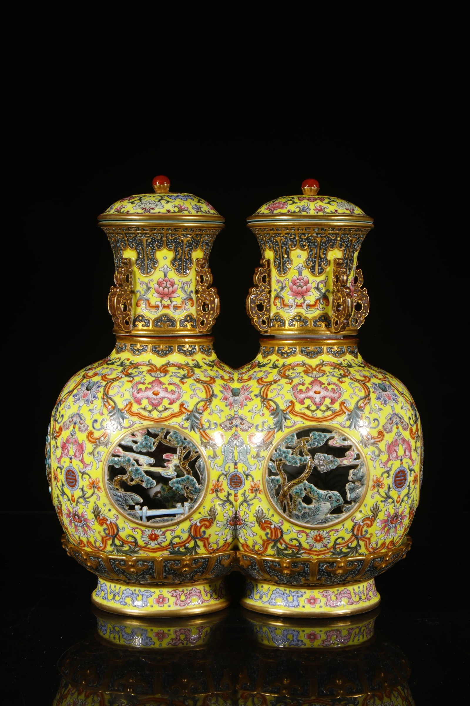 QING DYNASTY ENAMEL DOUBLE-NECKED VASE: H:35CM