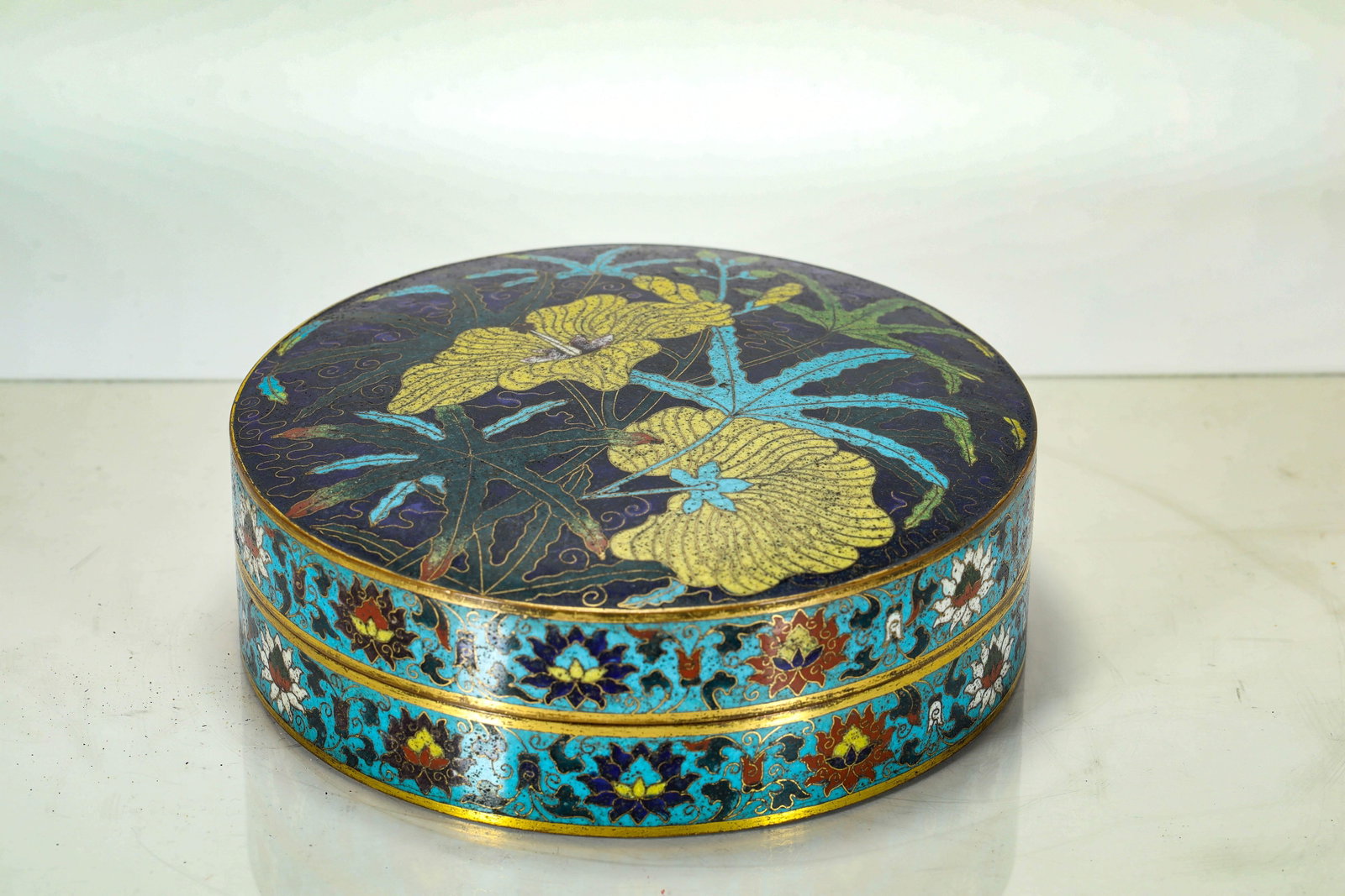 MING DYNASTY CLOISONN? OKRA AND GRAPE BOX: H:5CM L:18CM