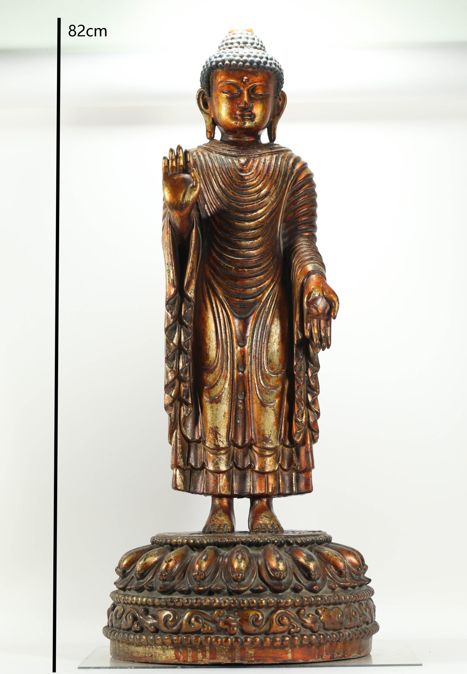 MING DYNASTY WOOD CARVED GOLD-PLATED SANDALWOOD BUDDHA: H:82CM