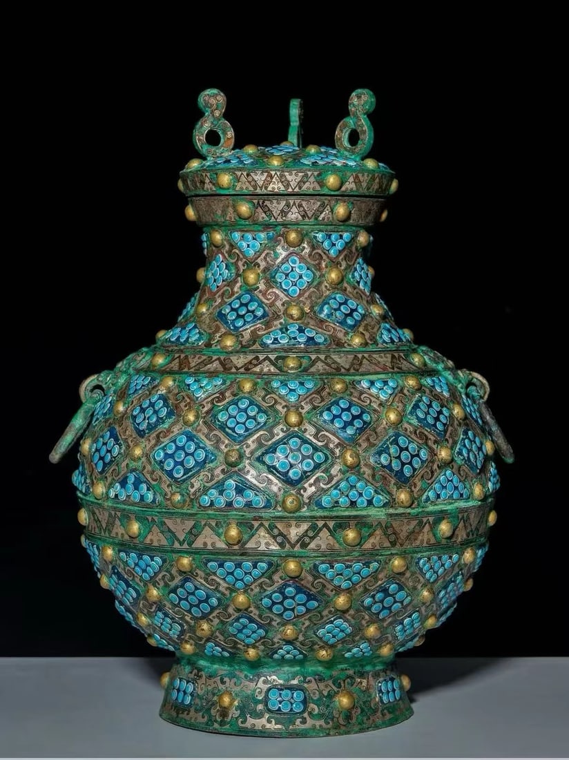 WARRING STATES PERIOD GOLD AND SILVER INLAID GLASS BOTTLE: H:43CM