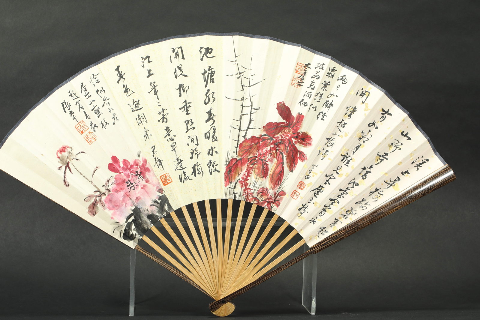FANS BY ZHANG DAQIAN, HUANG BIJUN, PU RU, ZHANG QUNTAI, AND JINGNONG FROM THE QING DYNASTY: H:31CM L:50CM