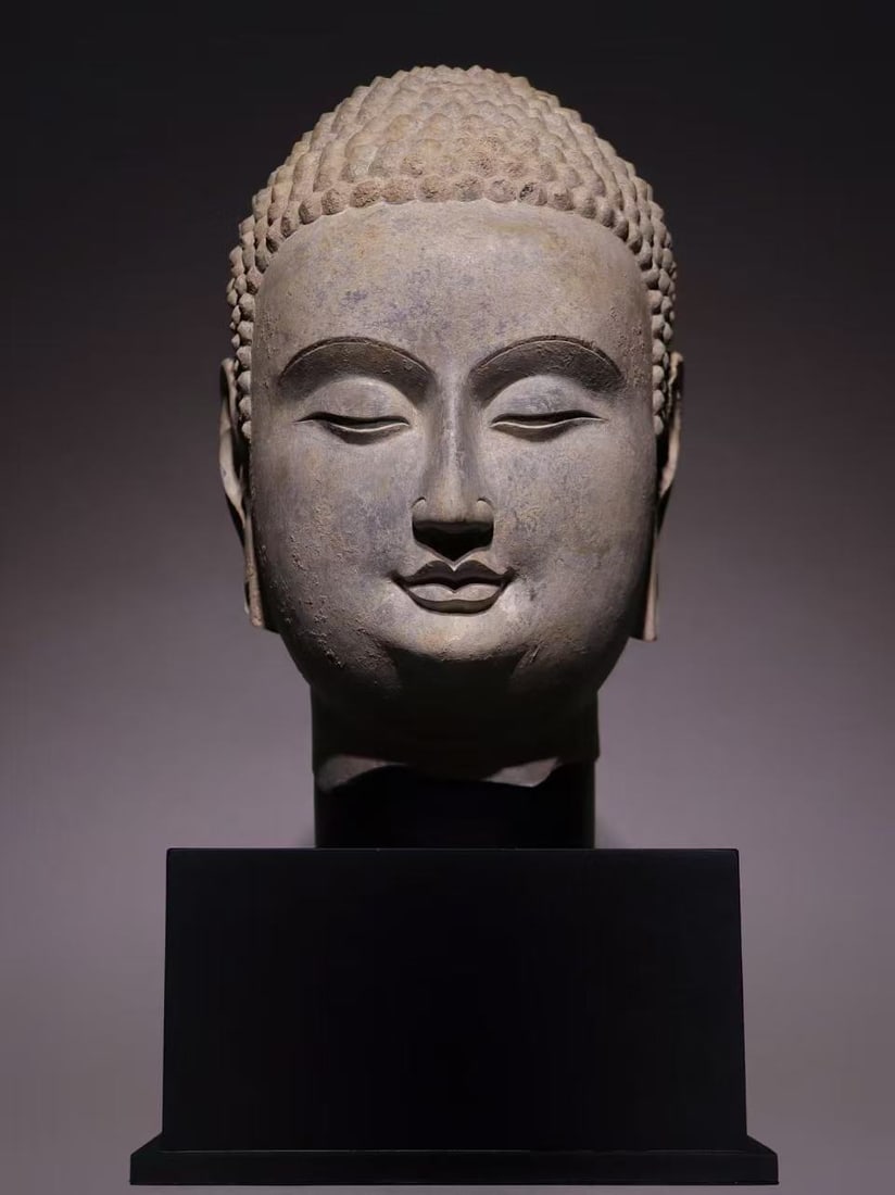 WARRING STATES PERIOD BLUE STONE BUDDHA HEAD: H:26CM