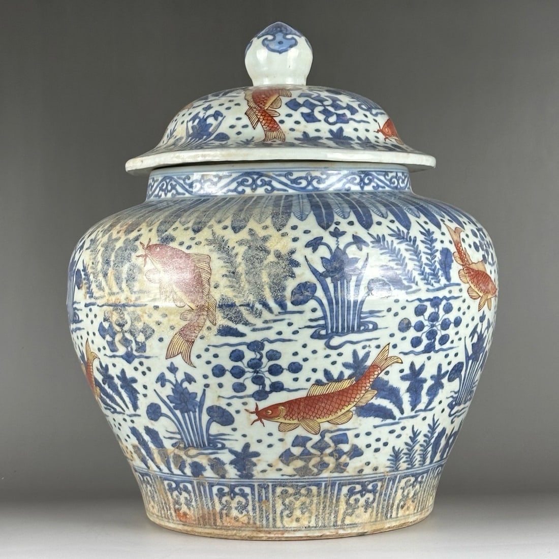 MING DYNASTY QING DYNASTY FISH AND ALGAE JAR: H:39.5CM L:31.5CM