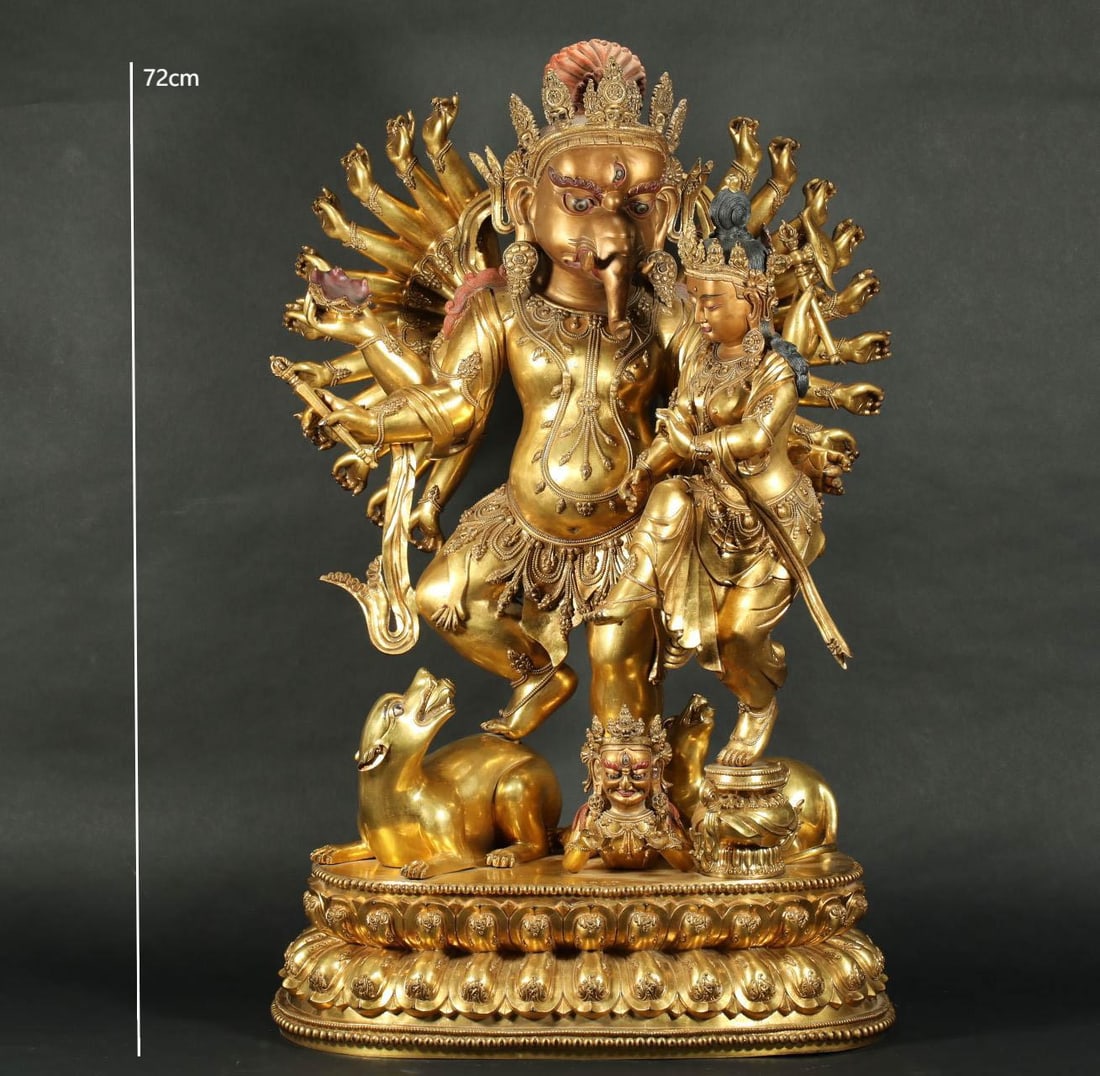 GILDED ELEPHANT-TRUNKED GOD OF WEALTH FROM THE MING DYNASTY: H:72CM