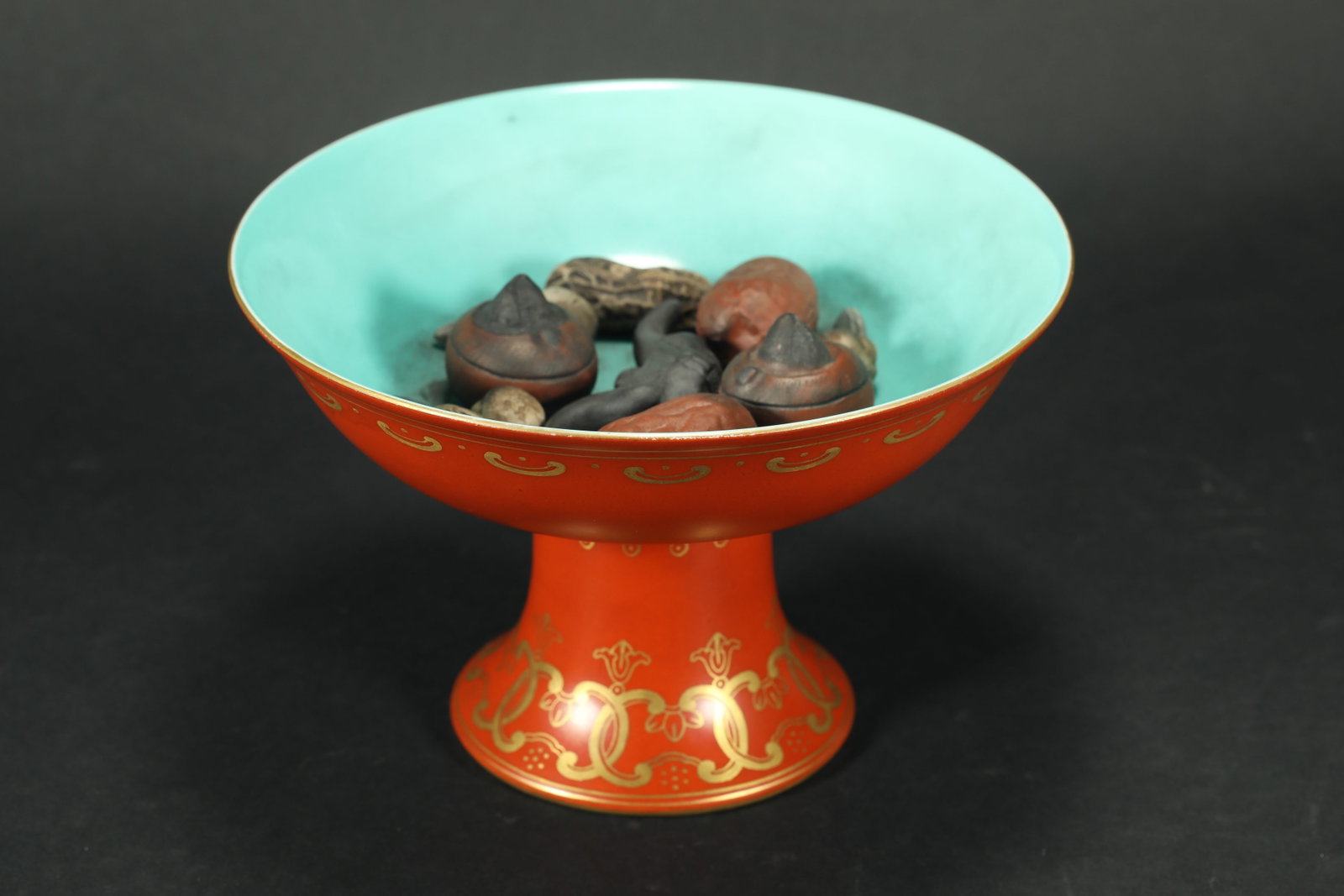 QING DYNASTY RED GLAZED BIONIC PORCELAIN OFFERING BOWL: H:11CM L:17CM