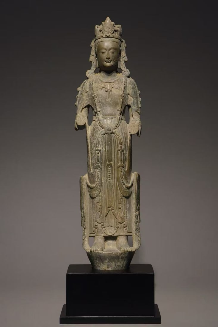 NORTHERN DYNASTIES LEOPARD-SPOTTED STONE BODHISATTVA: H:43CM