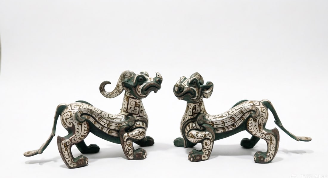 WARRING STATES PERIOD GOLD AND SILVER INLAID AUSPICIOUS BEASTS: H:15CM L:23CM