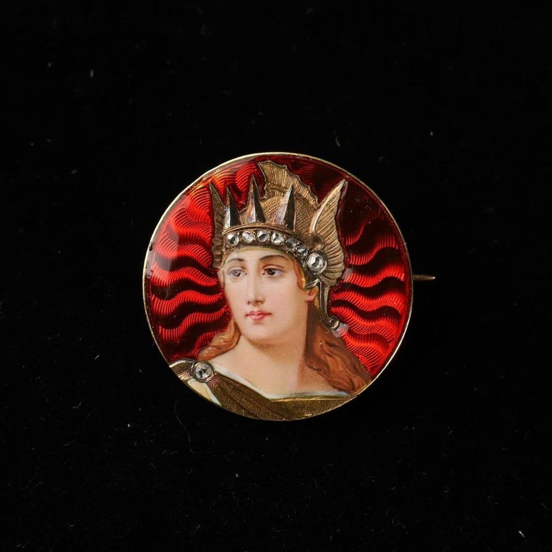 Art Nouveau Period (1880-1920) Neoclassical Athena Goddess 20K Gold Antique Brooch: D:2.7cm Wt:7.6g Hand-crafted in 20K gold, combining miniature painted enamel and three-dimensional chased-gold work. Bust portrait of Athena, Greek Goddess of Wisdom (Minerva in Roman mythology). Moun