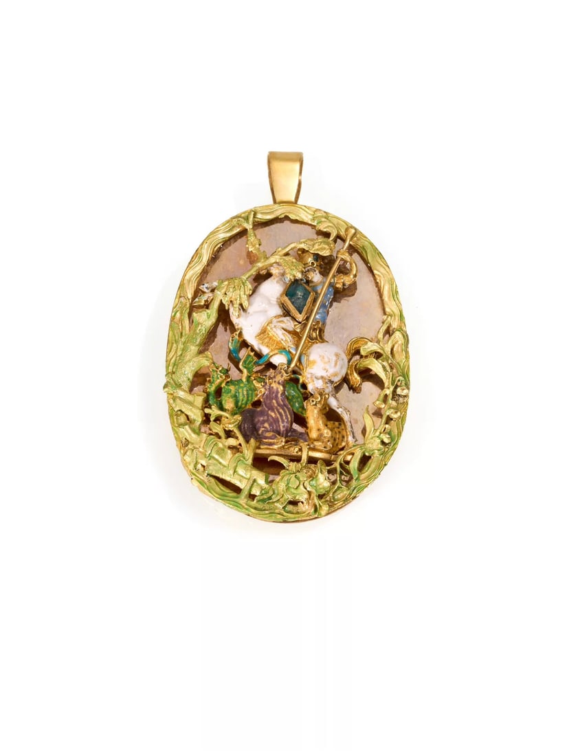 19th-Century French 18K Gold Enamel St. George and the Dragon Figural Pendant