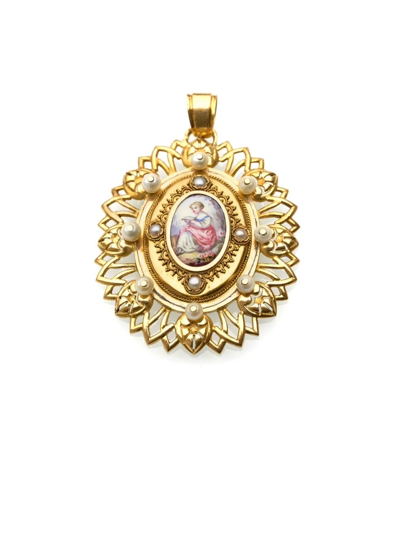 19th-Century French Antique 18K Gold Natural Pearl Enamel Painted Pendant