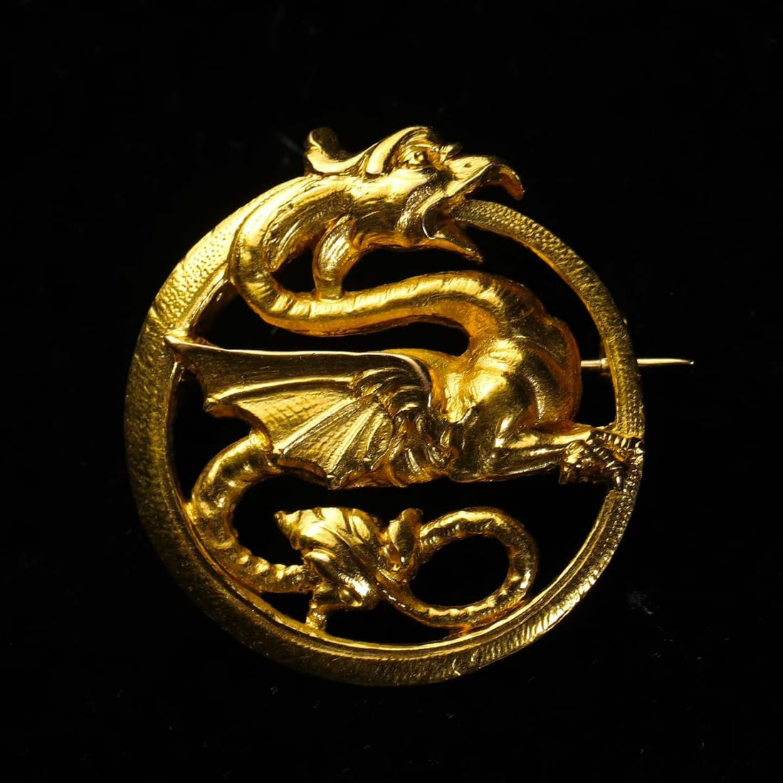Art Nouveau Period (1880-1920) French Antique Chimera Dragon 23K Gold Brooch: 3.3*3.1cm Wt:12.5g Entirely hand-crafted in 23K gold, modelled as a winged-dragon Chimera. It features fluid lines and powerfully dynamic bodily contours with exquisite workmanship and a noble, elegan