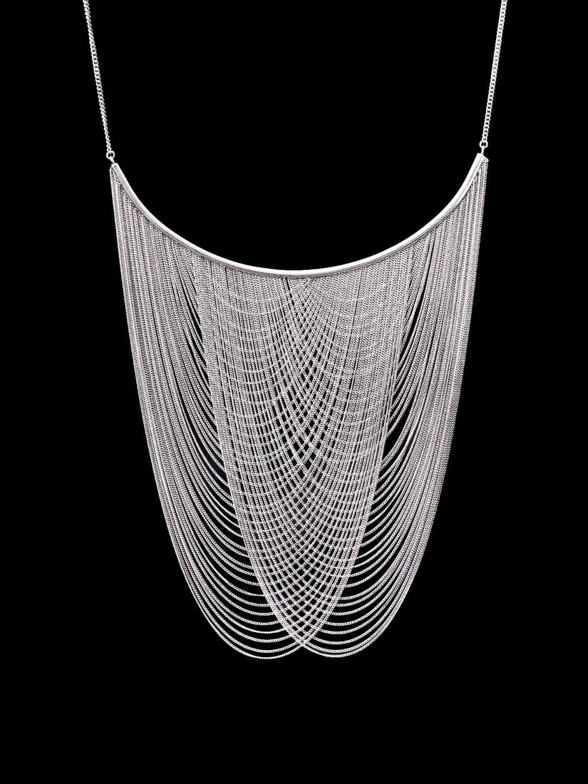 Italian Retro Period 18K Gold Drapery Necklace: Chain Length:40cmWt:42.64g Exquisitely hand-crafted by an Italian atelier. An arched gold framework supports tiers of delicate chains that form a drapery silhouette. The fine chains sway gently with m