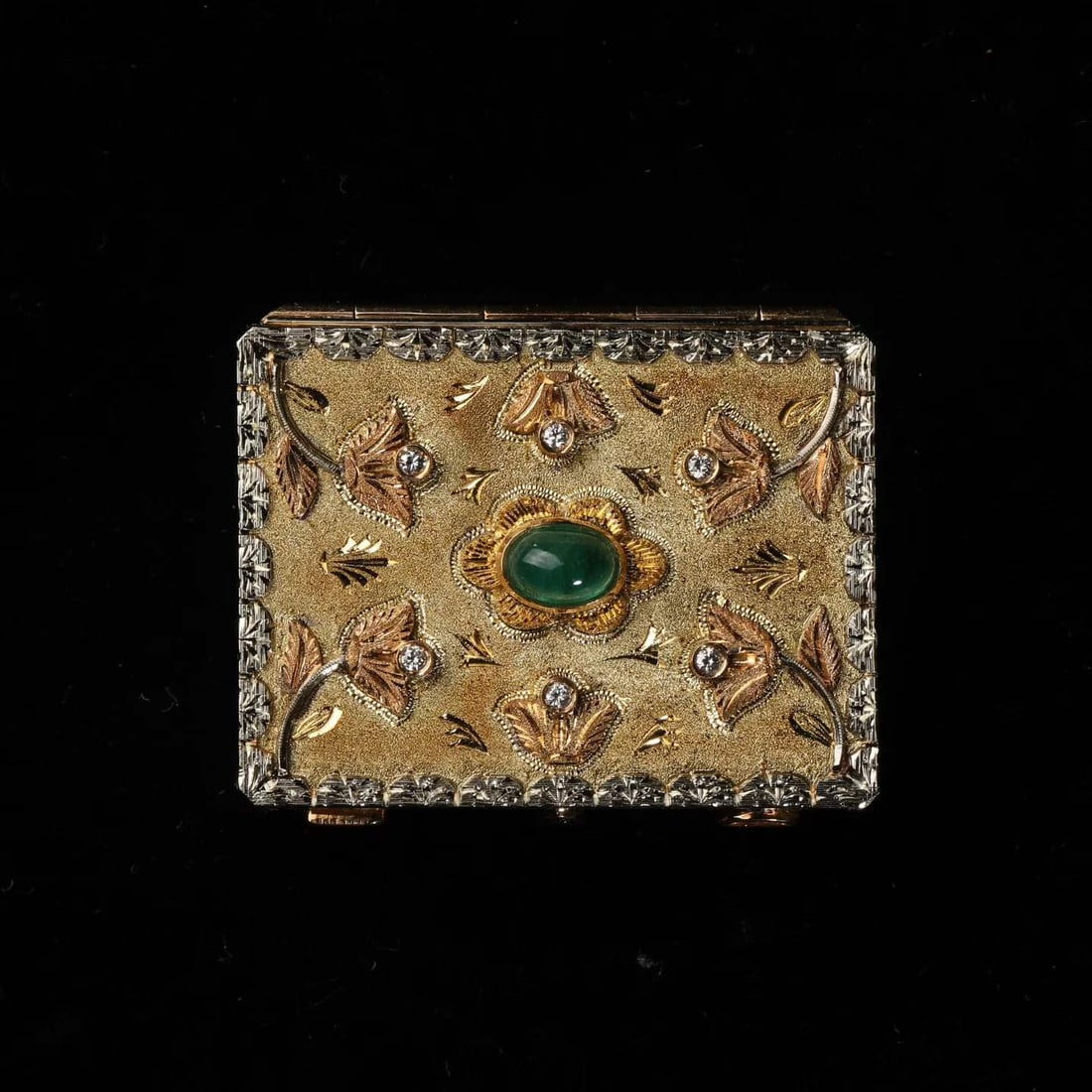 Antique Italian 18K Gold (750 Hallmark) Emerald Diamond Floral-Motif Portable Pill Box, Signed by (1 of 8)