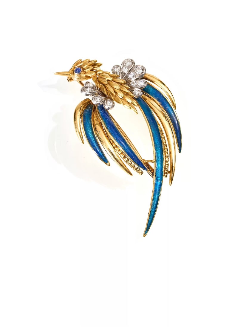 Italian 1960s 18K Two-Tone Gold Bird-of-Paradise Enamel Brooch: 3.6*6cmWt:20.7g Geometrically stylised bird-of-paradise motif. Two-tone-gold plumage is accented with enamel and diamond details, and gemstones are set for its eyes. Italian gold standard stamp and Fr