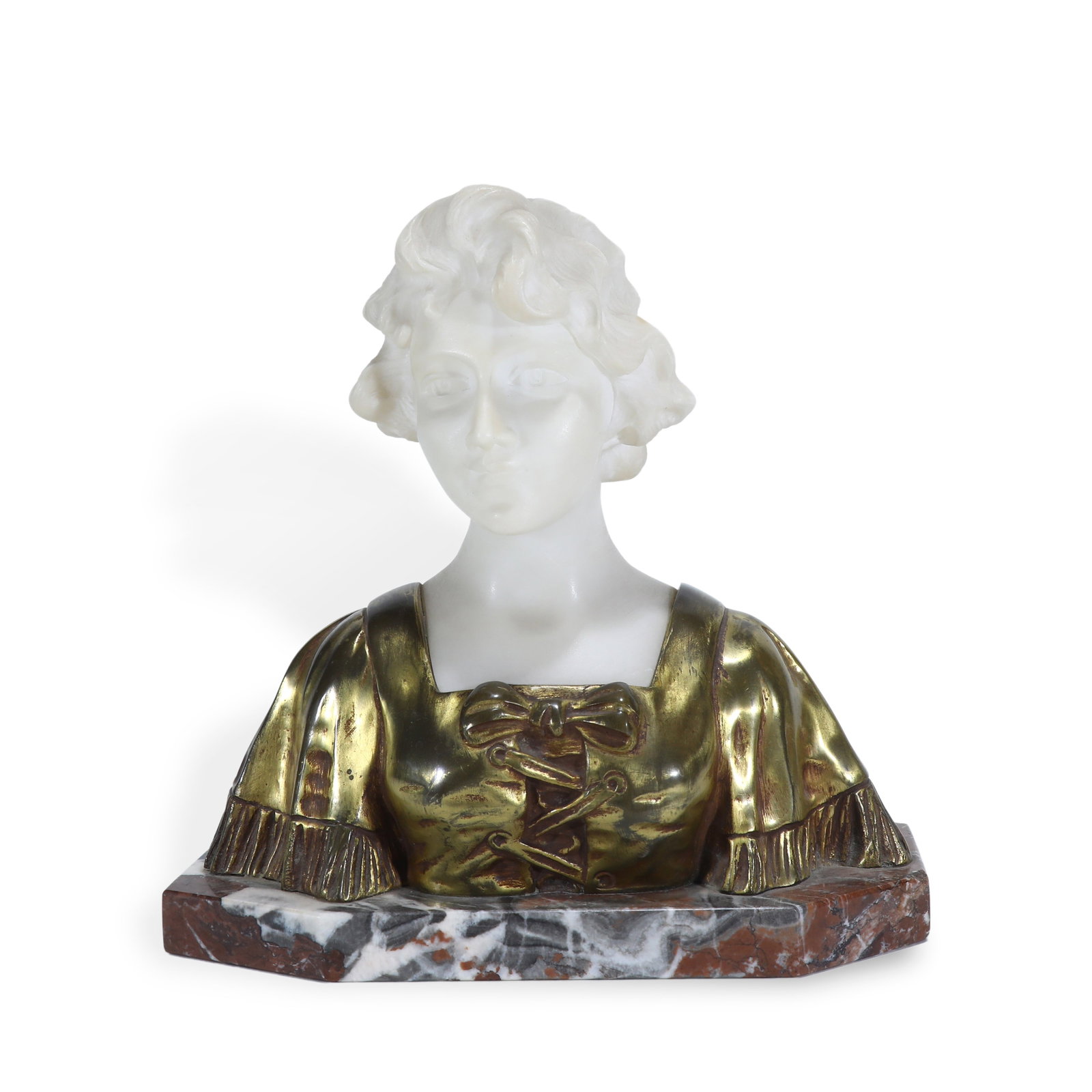 Gilt-Marble Bust of a Gentle Lady, Carved by Italian Artisan P. Fattorini (1830-1887): H:21.5cm W:21.5cm