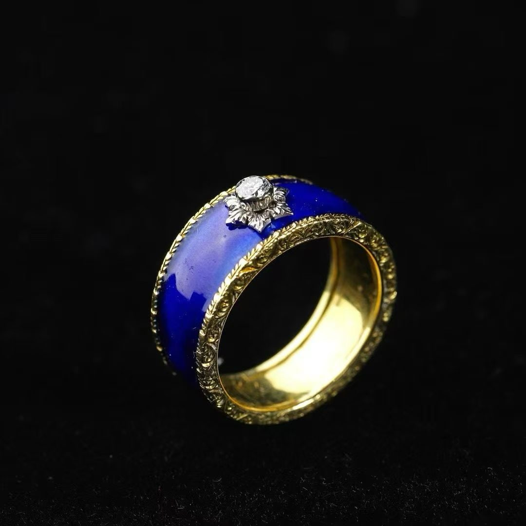 Antique Buccellati-Technique Chased-Gold Enamel Ring, Hand-Carved in Solid 19K Gold (1 of 8)