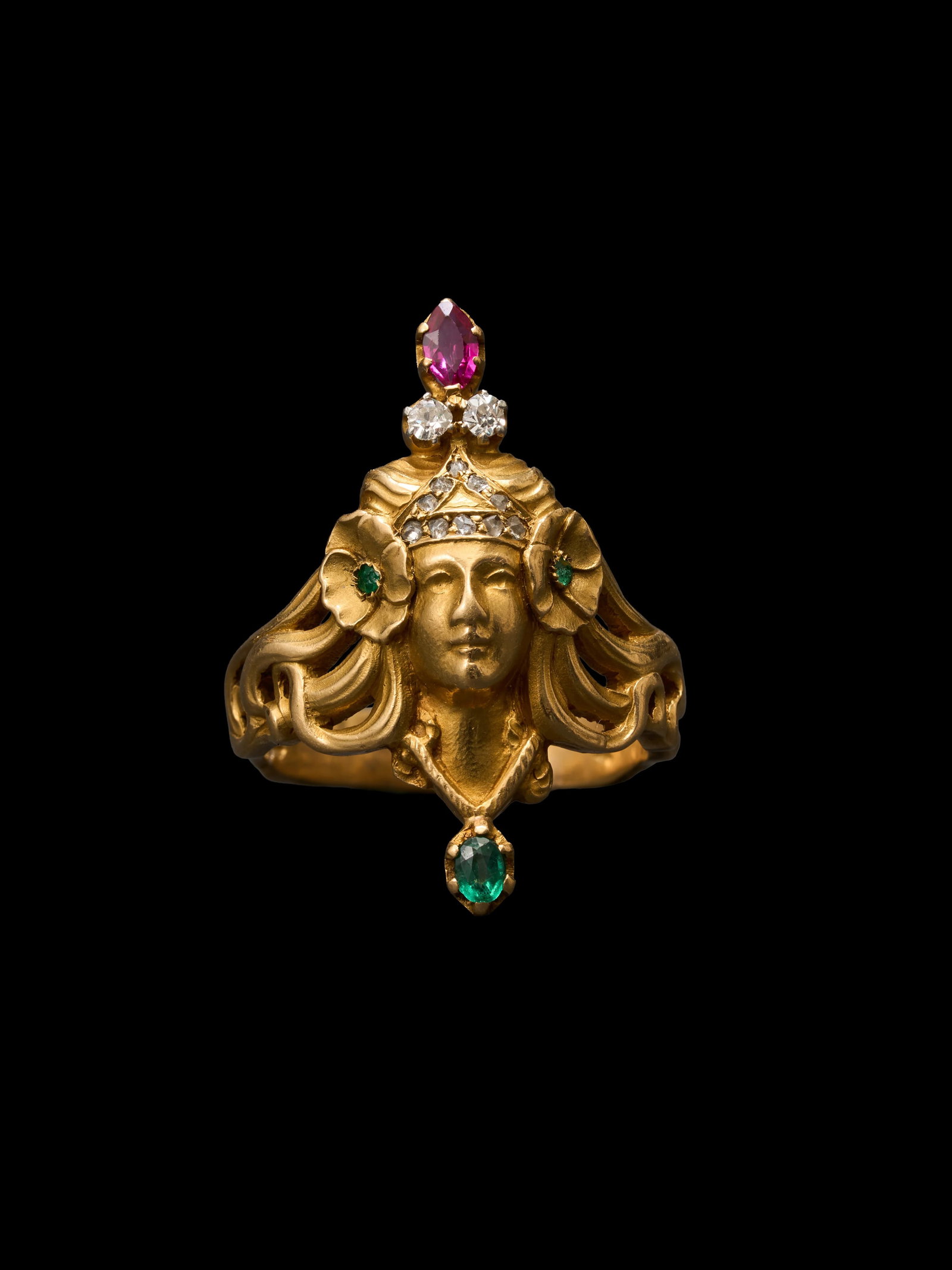 French Art Nouveau Period Portrait Relief Ring of Sarah Bernhardt, 18K Gold, Diamond and Emerald-Set (1 of 6)