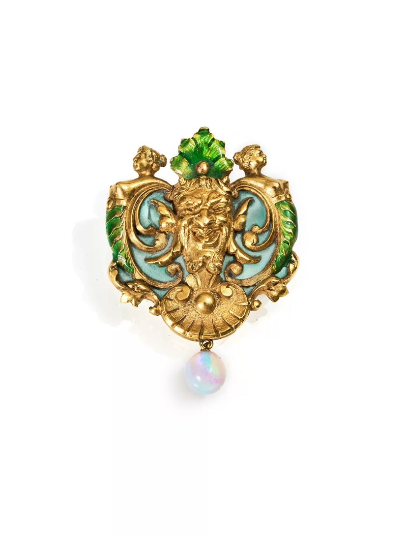 European Art Nouveau Period Enamel and Opal Brooch of Greek River-God and Siren (1 of 6)