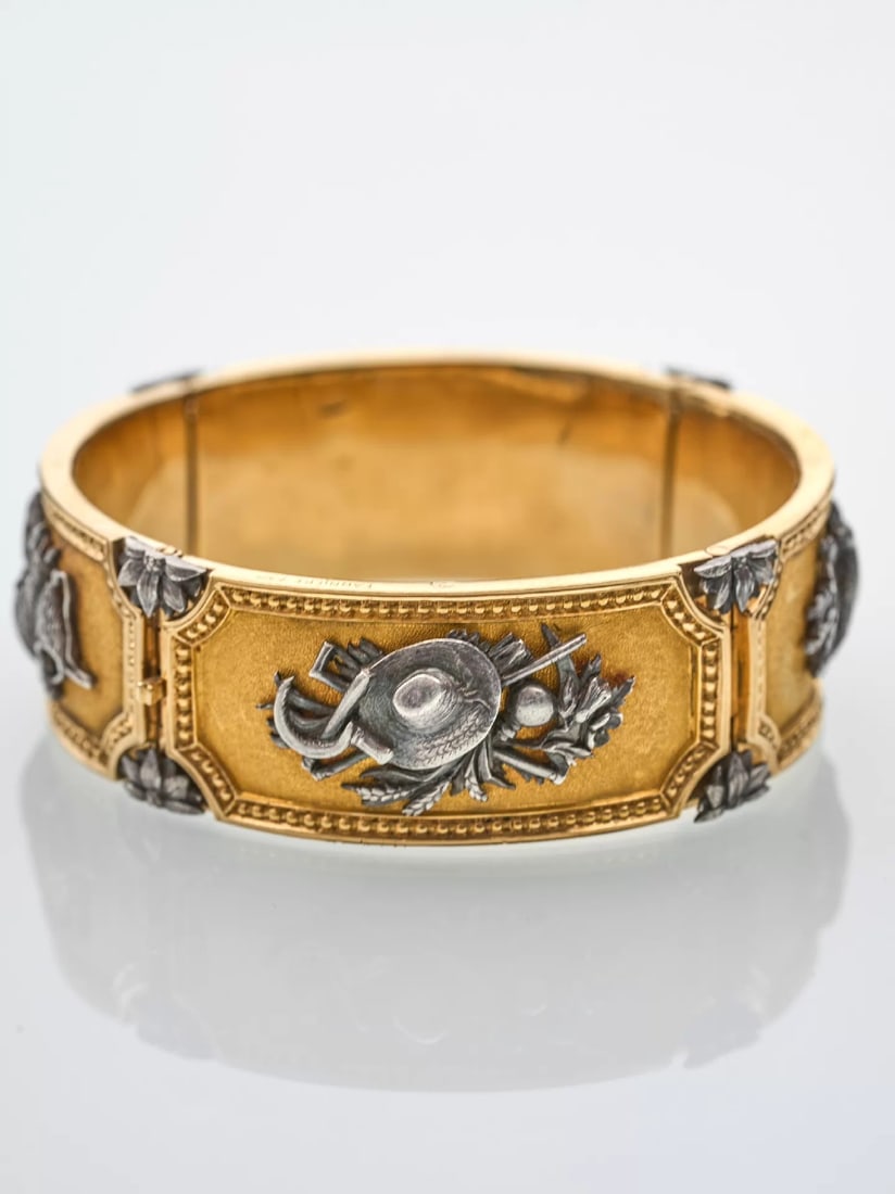 French 1860 Fanni??re Fr??res Antique 18K Gold and Silver-Chased Bangle (1 of 9)