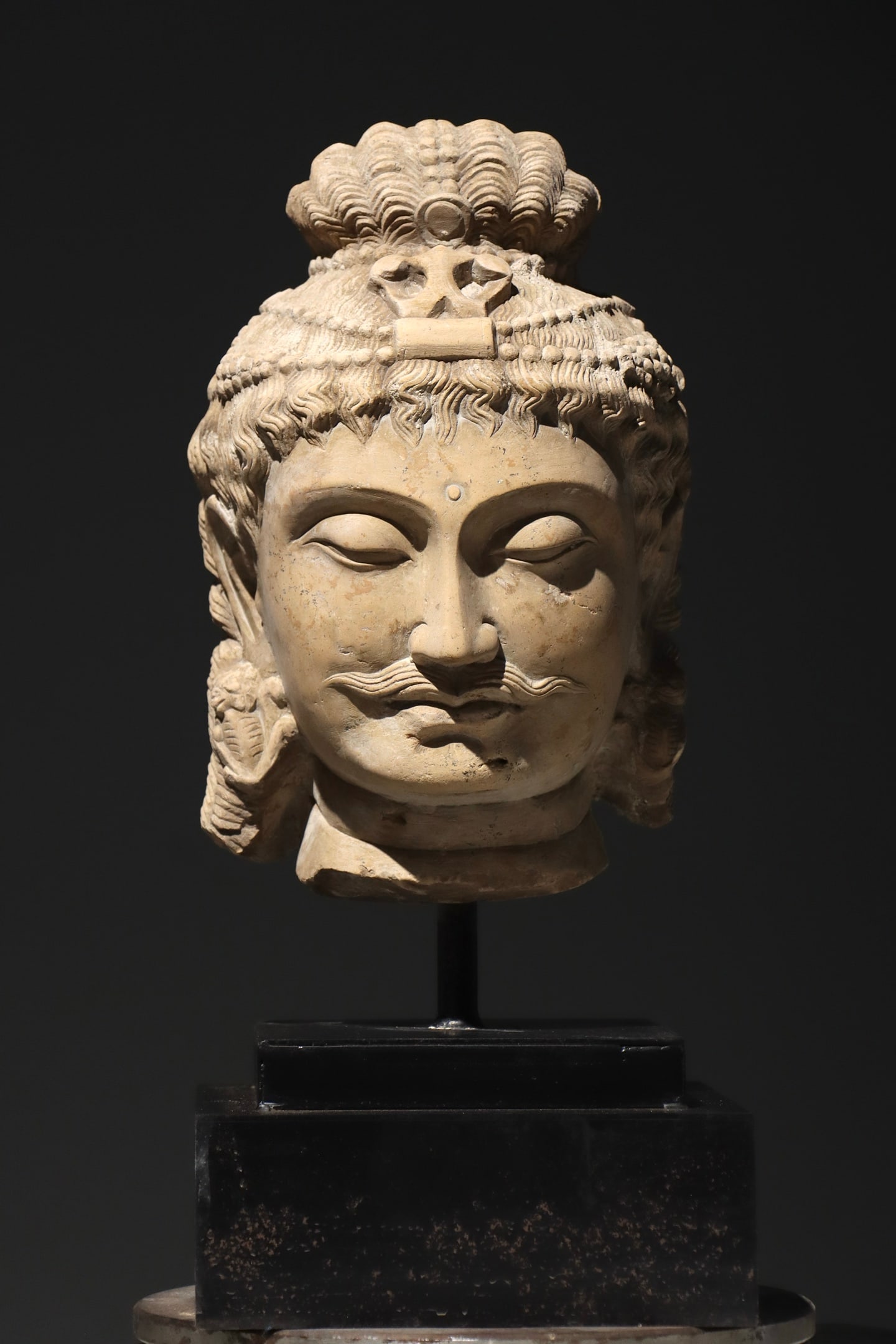 Gandh??ra Limestone Head of Bodhisattva Maitreya, 2nd-3rd Century CE: Overall Height:50cm Height (without base):33cm