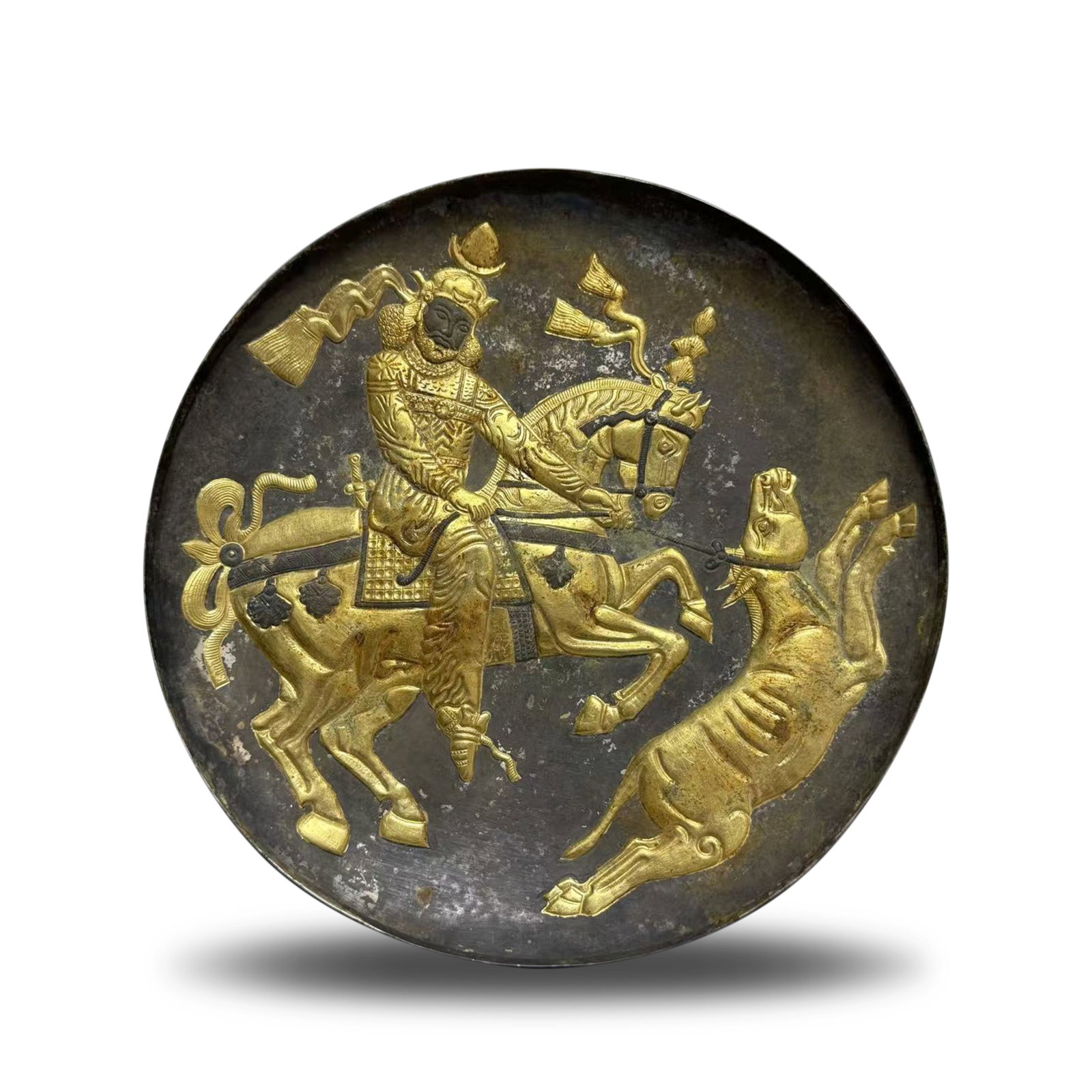 Tang Dynasty Silver-gilt plate with Persian hunting: D:21cm Wt:271g