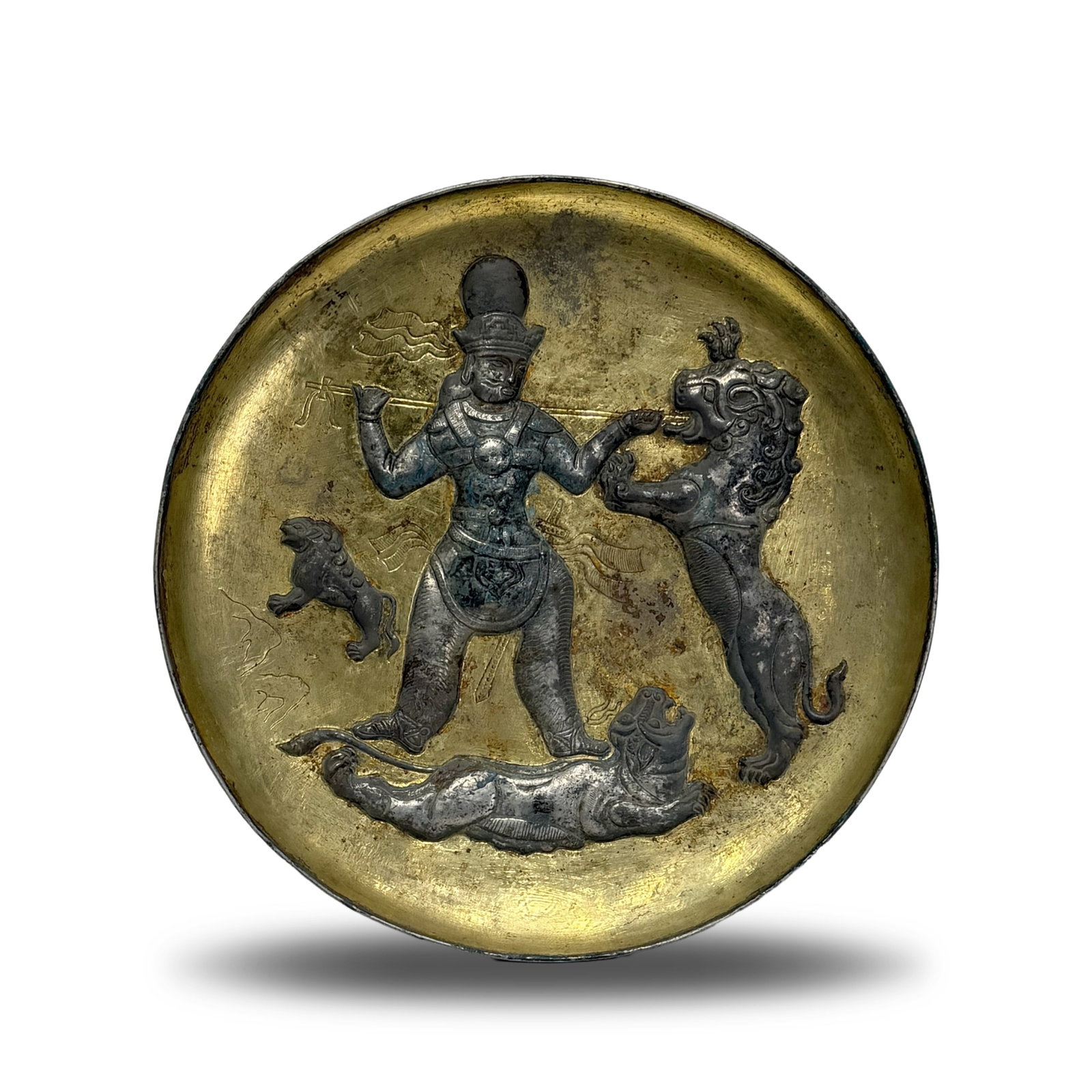 Tang Dynasty Silver-gilt plate with Persian hunting: D:18cm Wt:287.6g