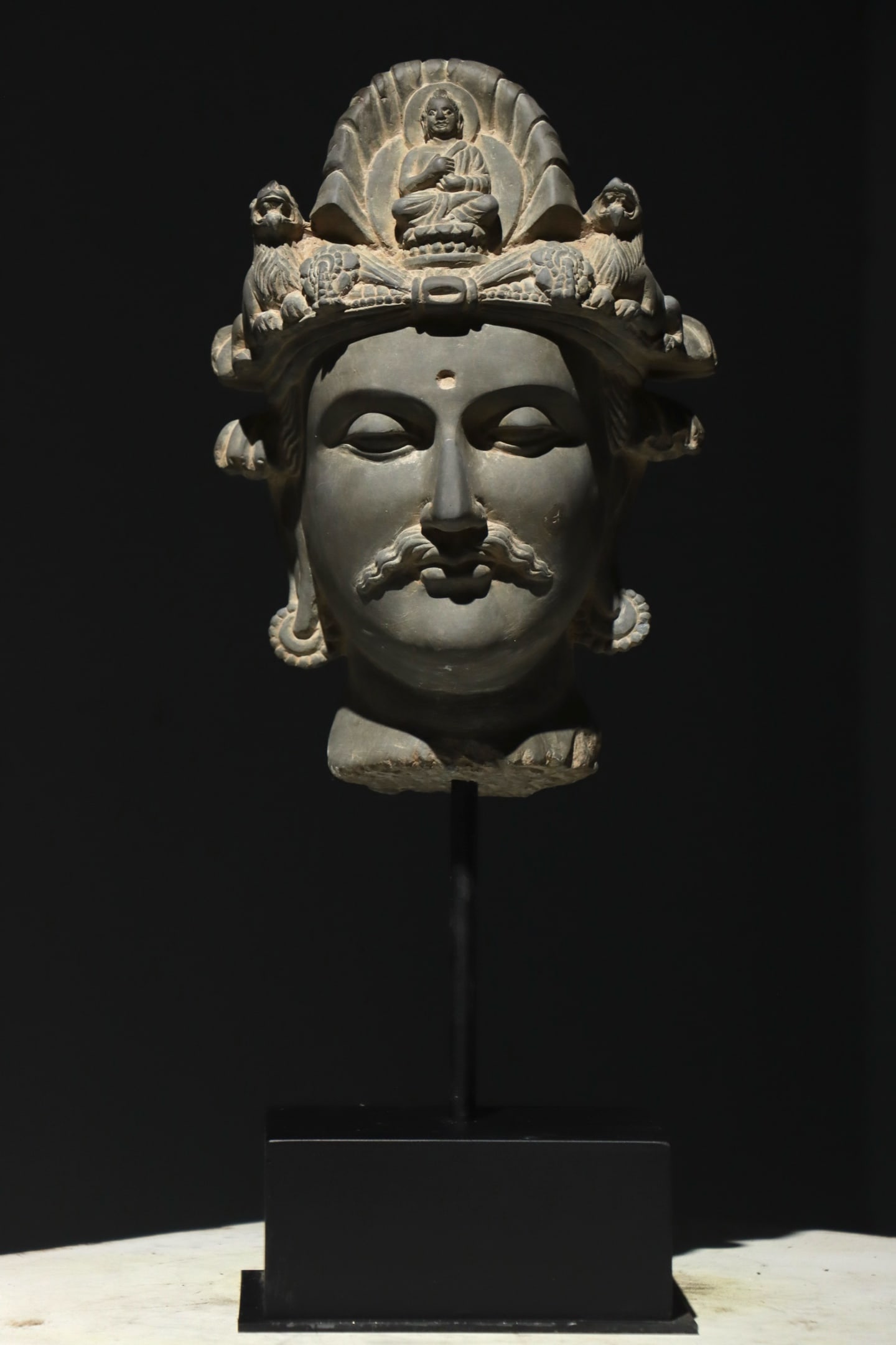 Gandh??ra Schist Head of Bodhisattva Avalokite_vara, 2nd-3rd Century CE: Overall Height:53cm Height (without base):30cm