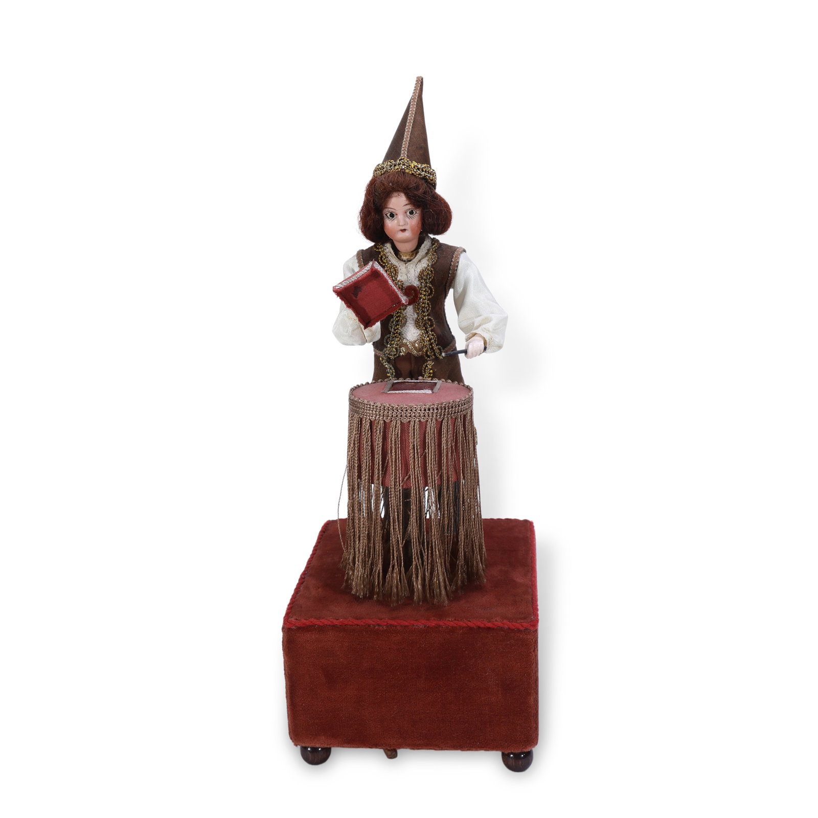 19th Century Magician Musical Automaton: H:30cm W:11cm Wind up to play music with a sequence of coordinated movements:1. The head turns left and right as if greeting the audience;2. One hand waves a magic wand;3. The other hand performs