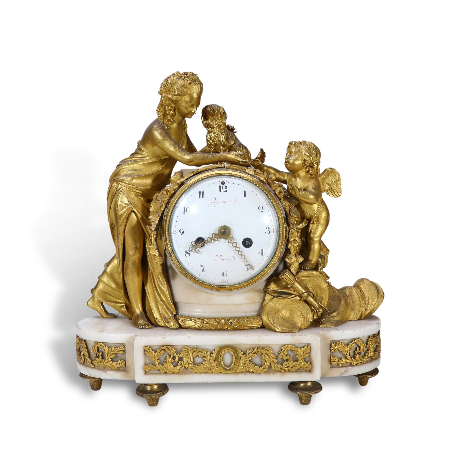 Louis XVI Period French Gilt Bronze & White Marble Clock, Signed Guydamour a Paris: H:33.5cm Period: Circa 1785 (Reign of King Louis XVI of France)Style: Louis XVI StyleMaterial: Gilt Bronze, White Marble, EnamelMaker: French Court Master Clockmaker Edme-Philibert Guydamour (Born 175