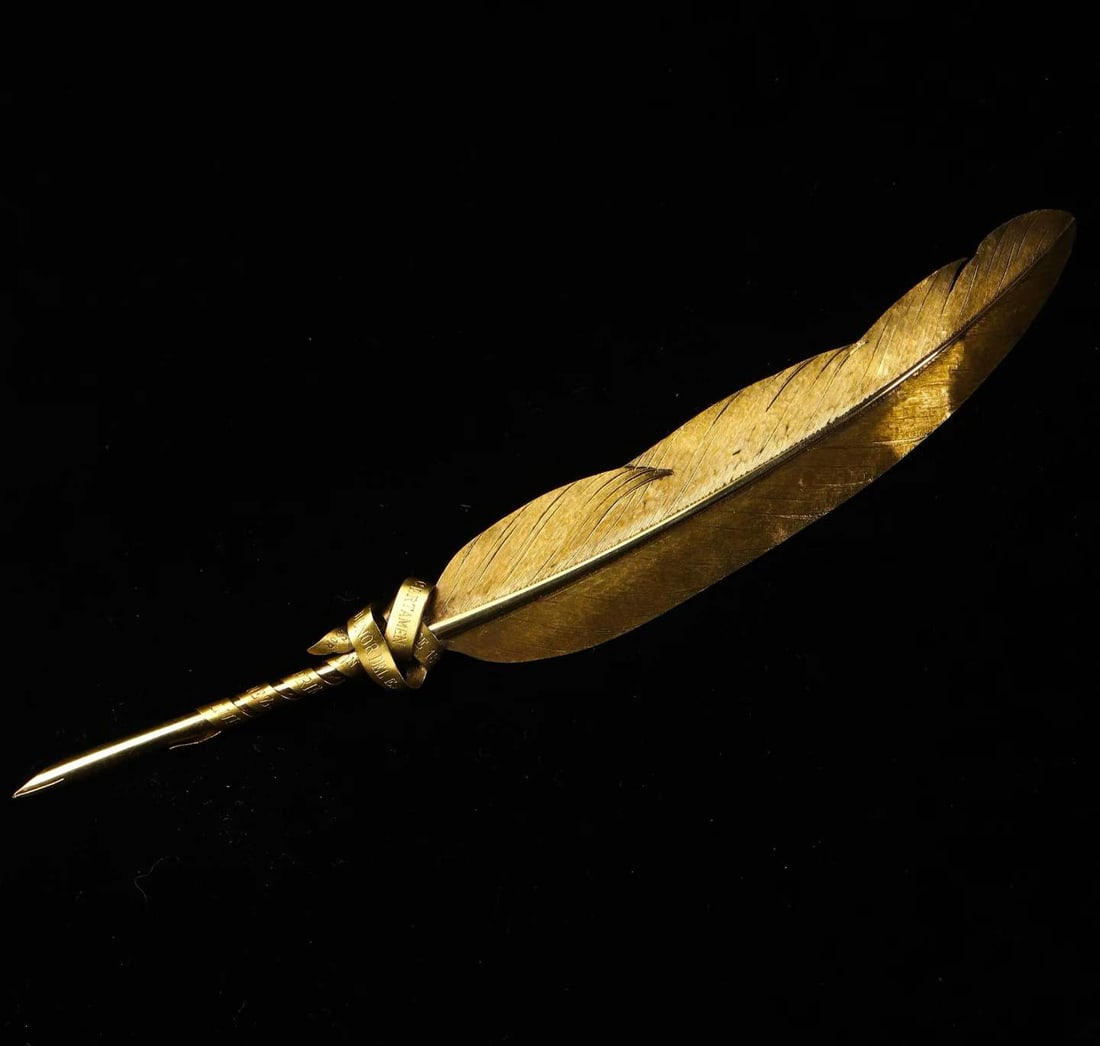 Solid 22K Gold Hand-Crafted Gold Feather Quill, Top Prize of the 1887 Spanish Competition in Memory: L:23cm Wt:25.4g This golden quill was the top-prize "Golden Feather Award" of the 1887 Spanish competition held in memory of Juan Prim, commissioned and presented by Luis Ant??nez.The vanes are finely