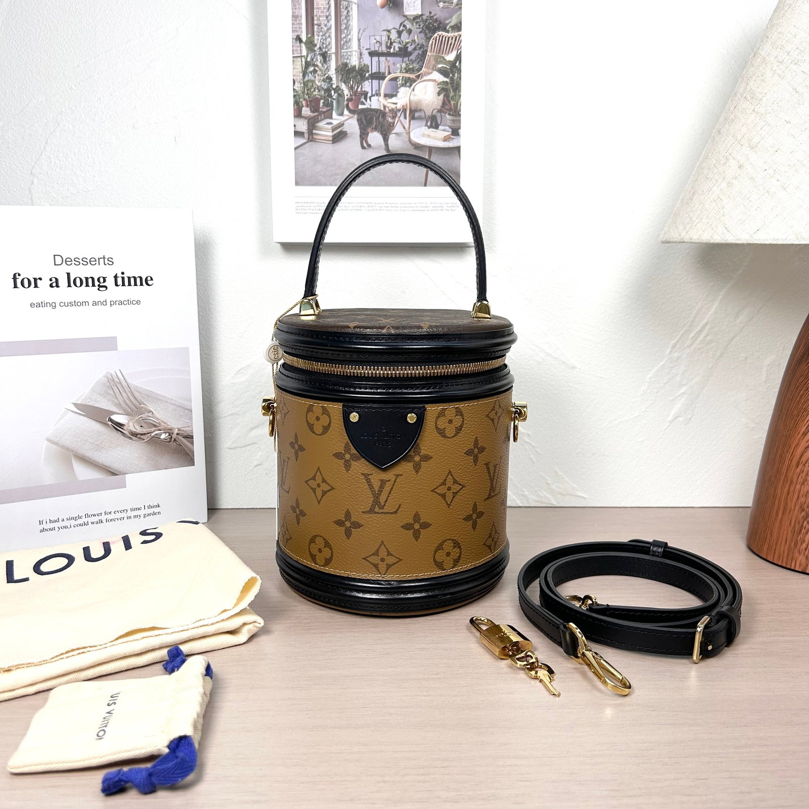 Louis Vuitton Cannes Handbag, Monogram Reverse Coated Canvas, Black Patent Leather Trim, Gold-Tone: 15*17*15cm