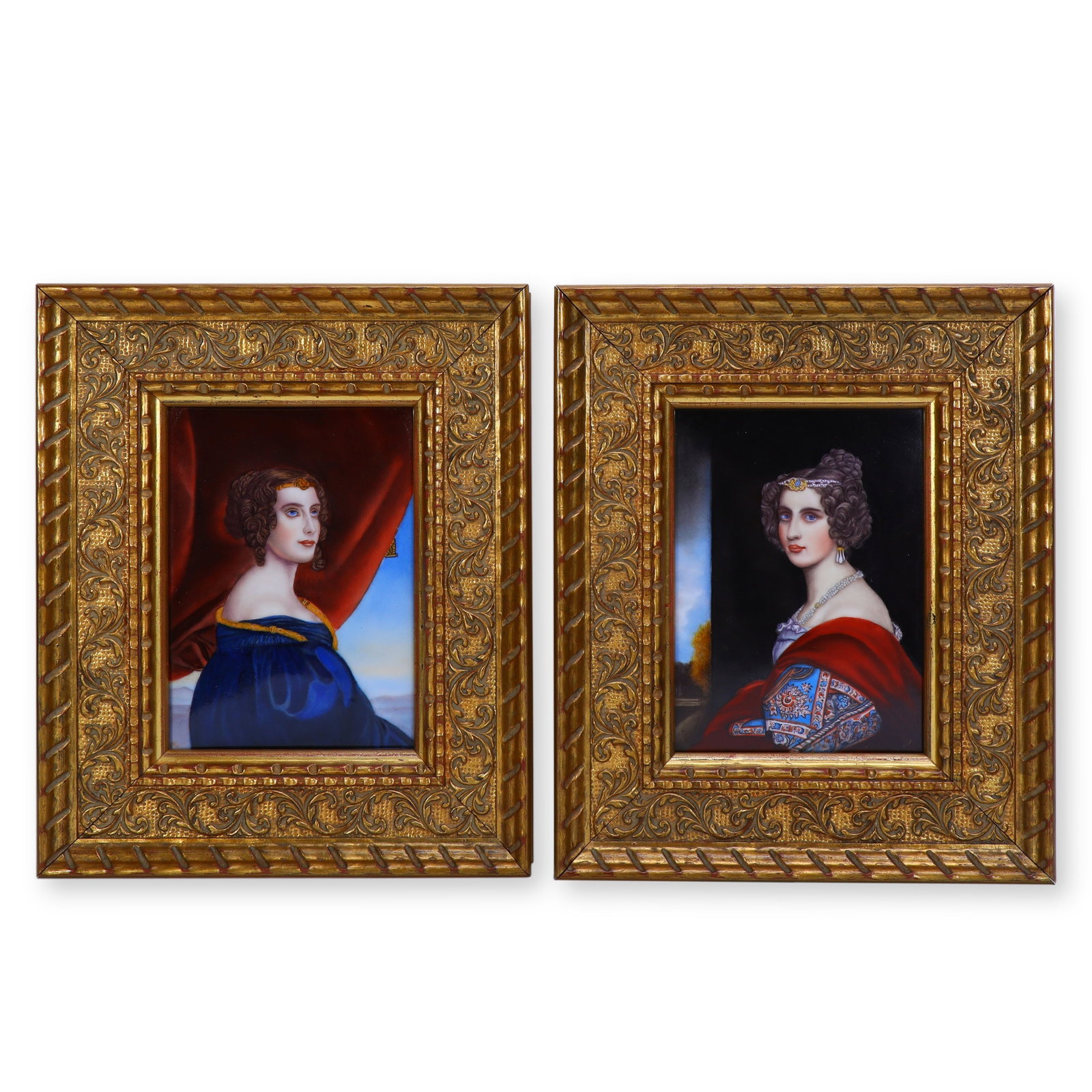 Pair of 19th Century Hand-Painted Portrait Porcelain Plaques: 27*22.5cm/16*11.5cm Based on the portraits from Joseph Stieler's Gallery of Beauties of Nymphenburg, depicting Helene Sedlmayr and Countess Caroline von Holnstein respectively. The pair is preserved a