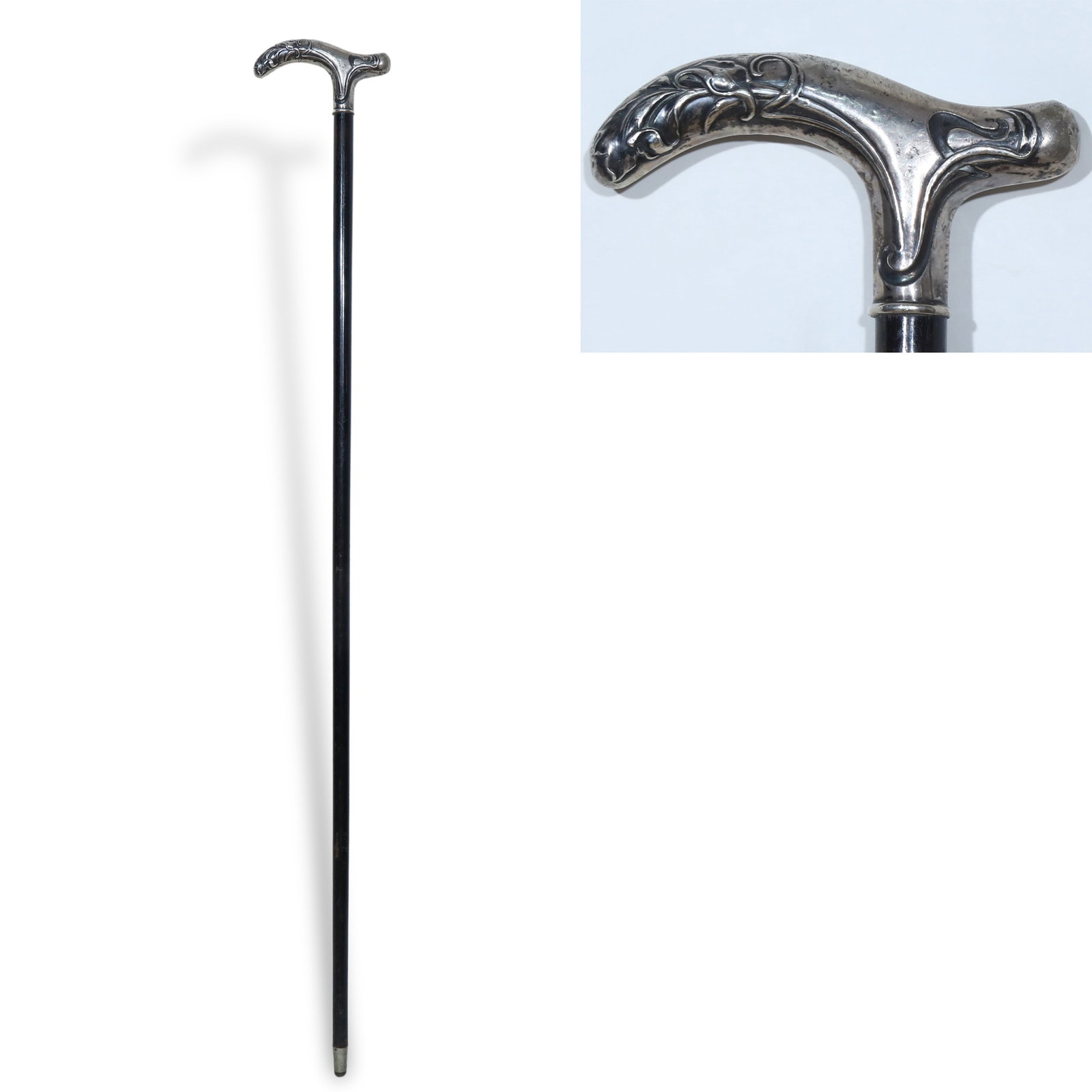 1910 Art Nouveau Walking Cane with 800 Silver Handle and Rosewood Shaft (1 of 4)