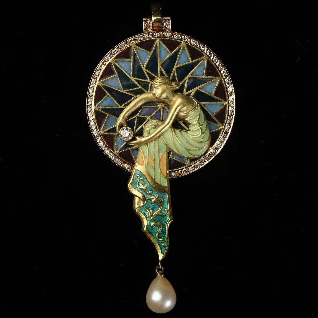 Nymph-Motif Plique-a-Jour Enamel 18K Gold Diamond Brooch-Pendant: 9*4.2cm Wt:24.16g Entirely hand-crafted in 18K gold, the piece takes the nymph--the woodland and water spirit of Greek mythology--as its creative theme. Translucent enamel and fluid human-figure conto