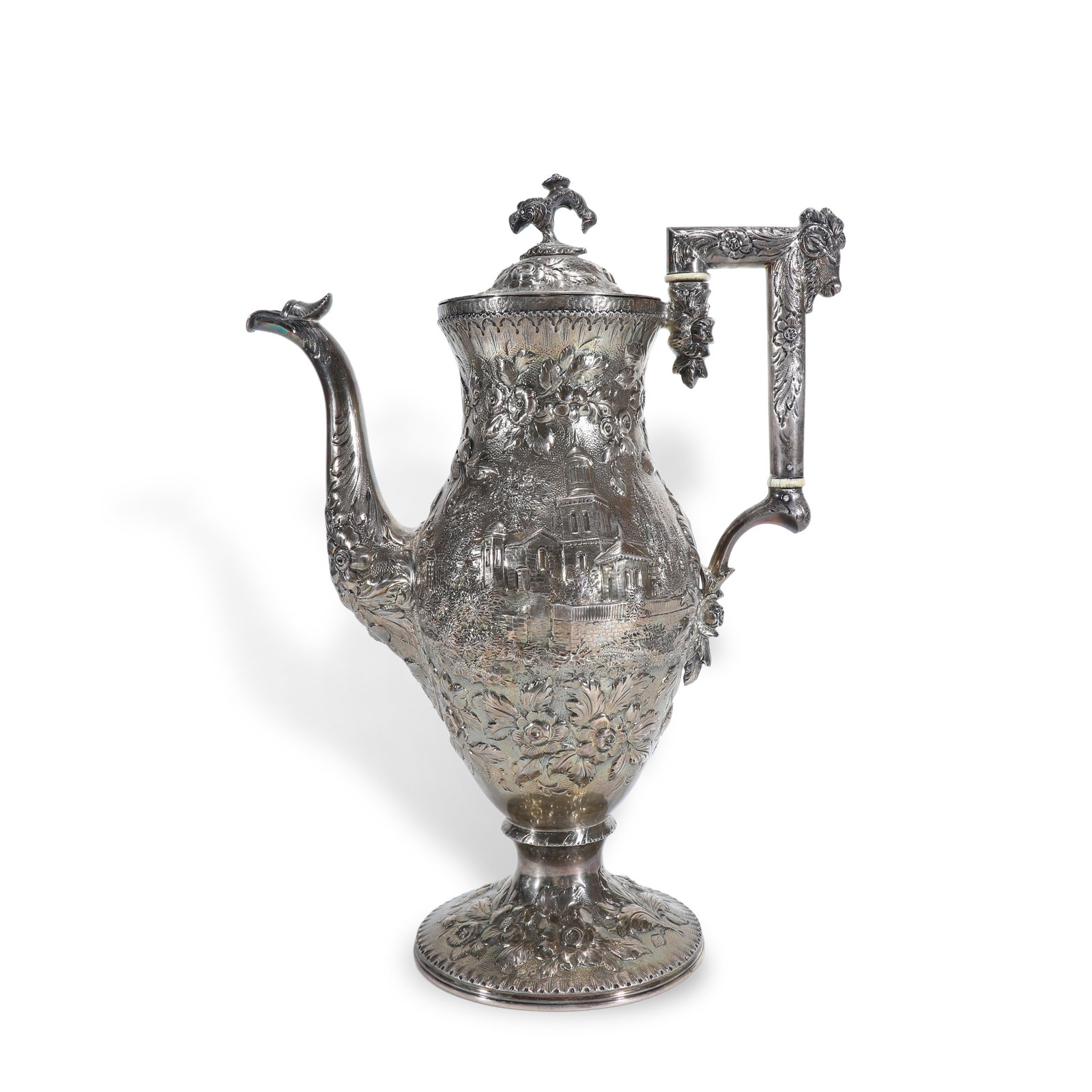 1880 Kirk Sterling-Silver Coffee Pot, Depicting a Country Villa Scene: H:29.5cm W:22.5cm Wt:891g