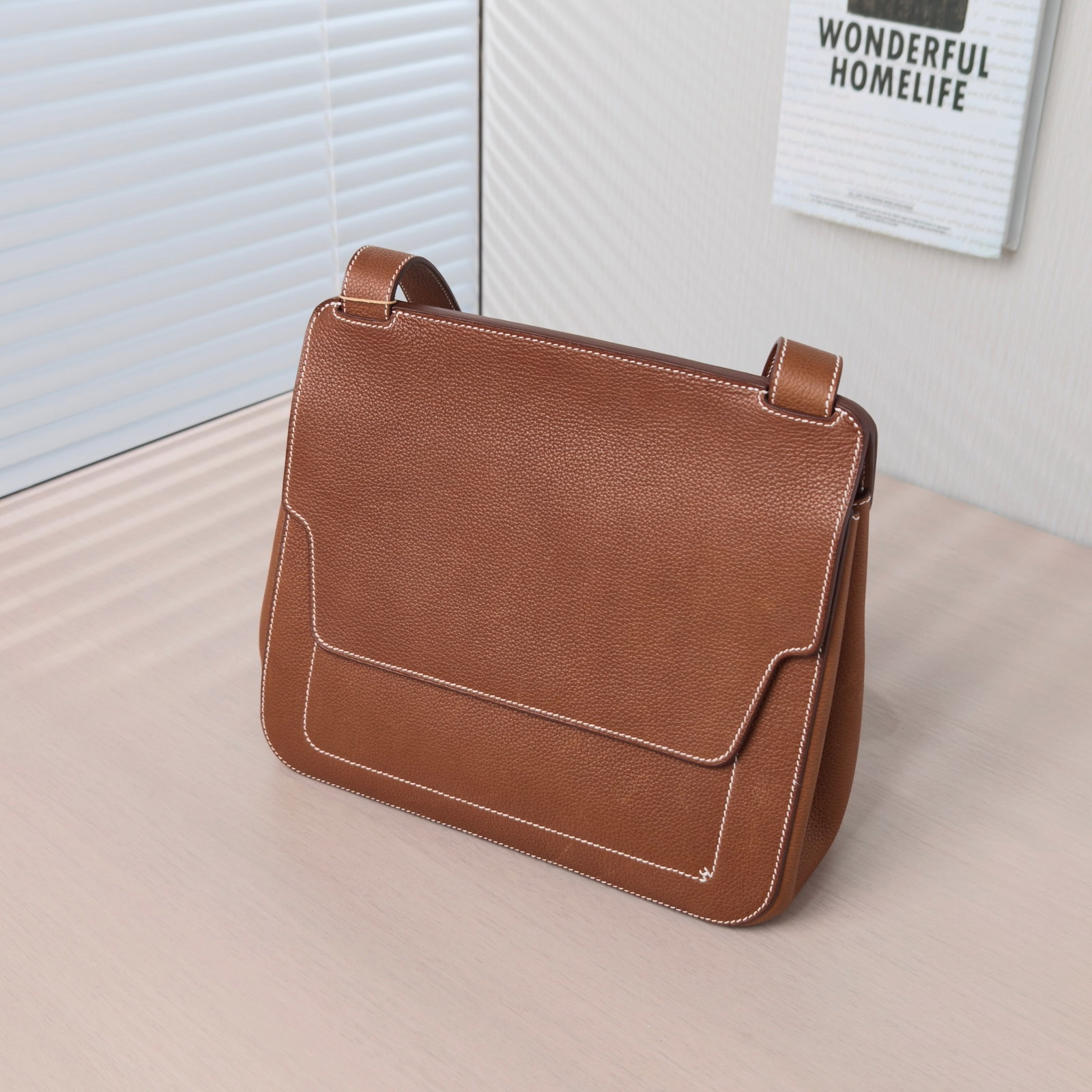 Herm??s Mali-Selle Messenger Bag, Gold-Brown Togo Calfskin, Silver-Tone Hardware: 28*25.5*11.5cm