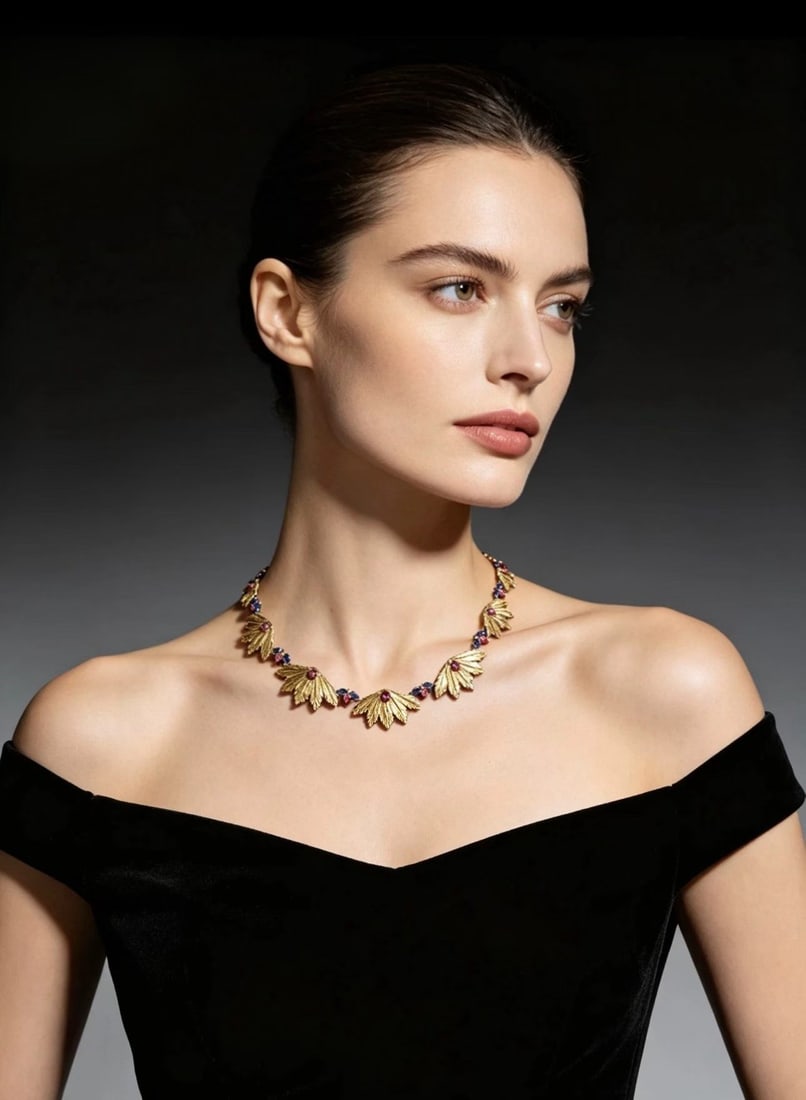 Tutti-Frutti-Style 18K Gold Leaf Necklace, Work by Mario Buccellati, First-Generation Founder of: Chain Length:42cm Wt:42.2g This piece is a work by Mario Buccellati, the first-generation founder of Buccellati. Entirely hand-crafted in 18K gold, set with carved sapphires and carved rubies. Execute