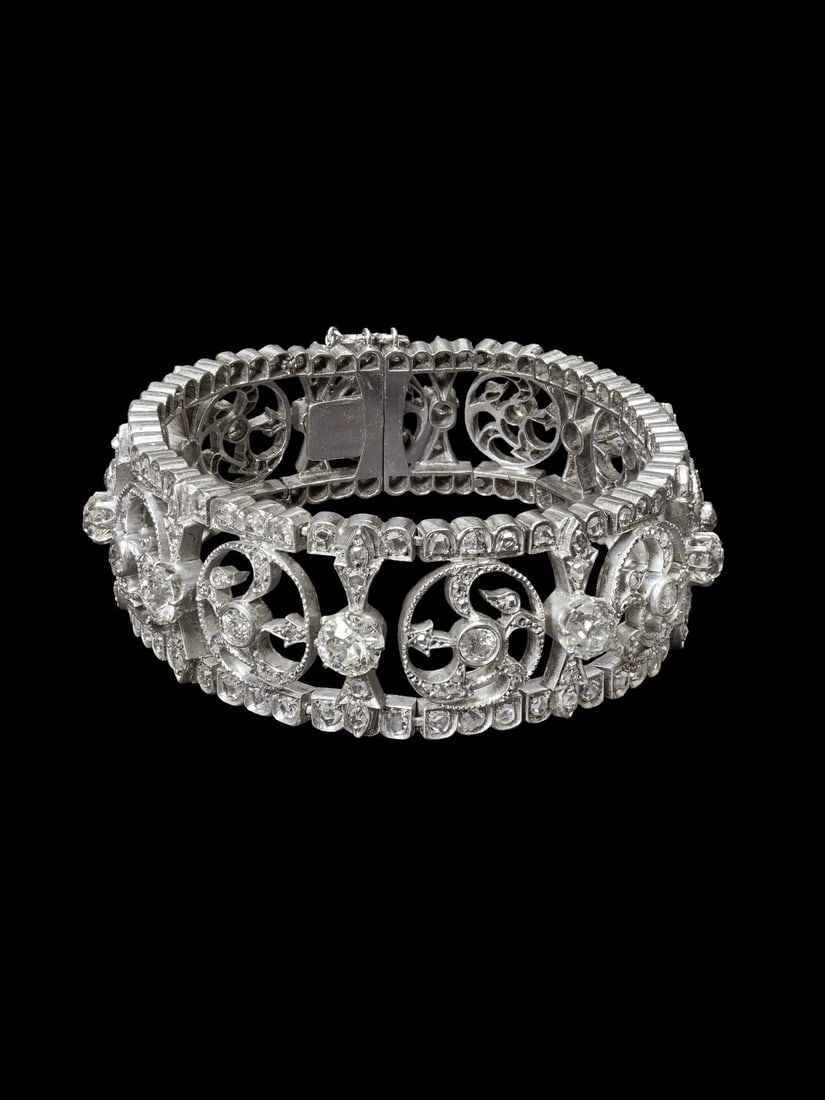 French Belle-epoque 1890-1900 18K Full-Cut-Diamond Wide-Band Bracelet (1 of 6)