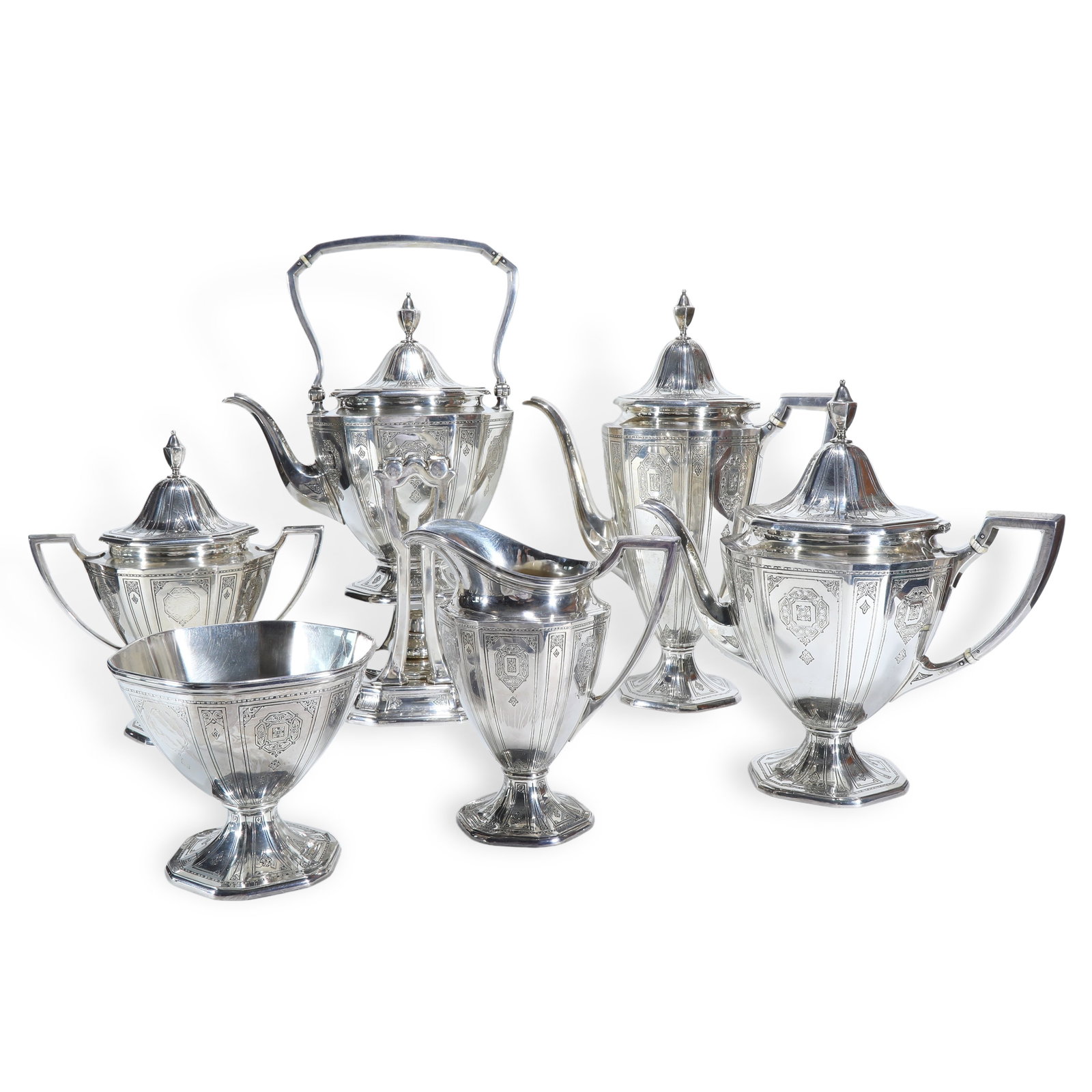 Tiffany & Co., Circa 1920, Complete Heated Silver Service Set, including Heated Silver Pot, Coffee: 21.3cm* 16cm*34cm/25.5cm*12cm*31cm/26cm*14cm*23.5cm/20cm*12cm*20.5cm/15cm*9cm *16.5cm/13cm*12cm*11cm ????5008g