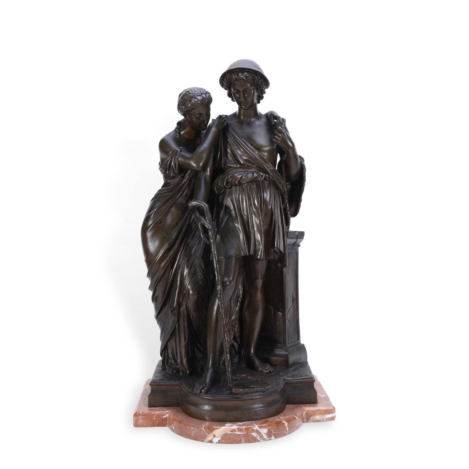 19th Century Bronze Sculpture, Bergers d'Arcadie (Shepherds of Arcadia): H:46cm W:25cm The sculpture portrays a shepherd and shepherdess leaning closely together. Exquisitely rendered naturalistic folds define their garments, and the whole piece bears an even antique bronz