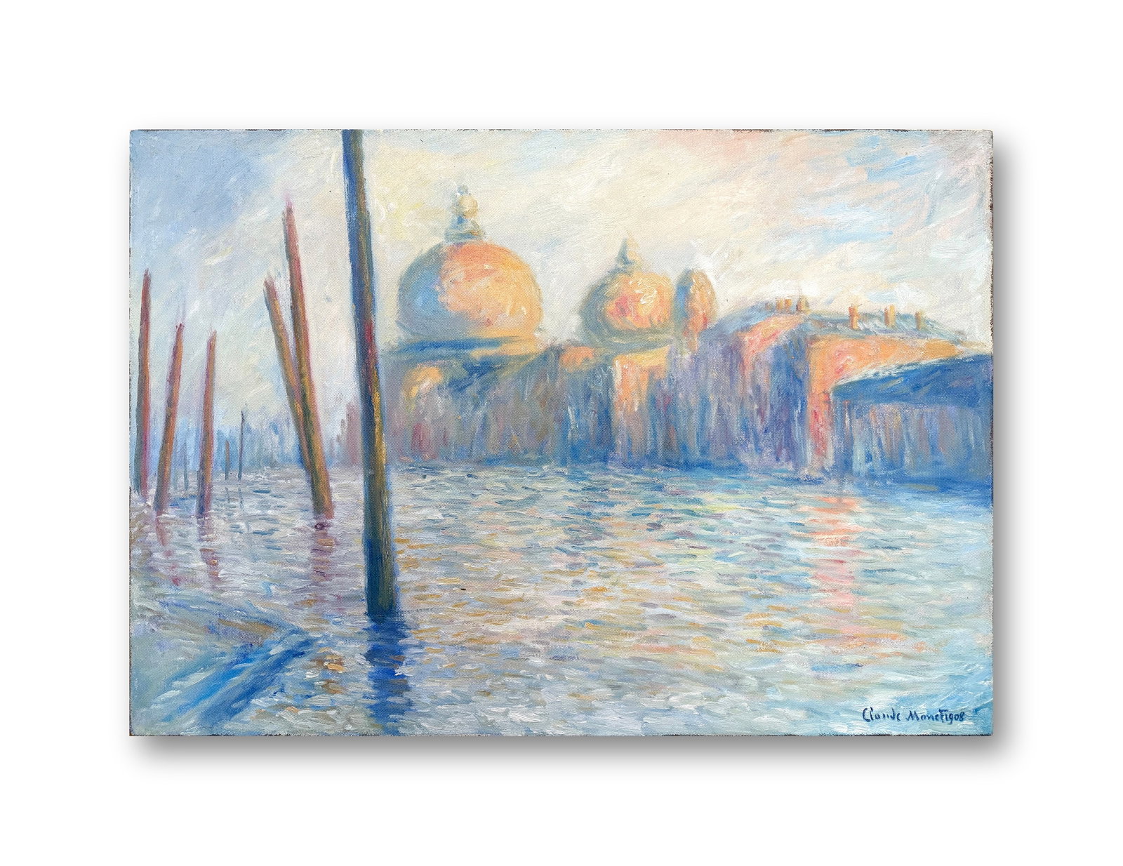 CLAUDE MONET (1840-1926), ATTRIBUTED TO, OIL ON CANVAS: Image Size: 25 7/16 by 36 3/8 inches (65 by 92.5cm) All measurements are approximate. Signed (lower right) Monet employs light, hazy brushwork to dissolve rigid boundaries between architecture and wat