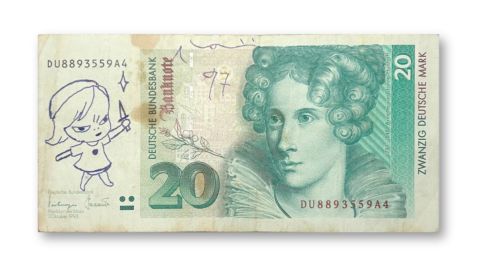 YOSHITOMO NARA (B.1959), ATTRIBUTED TO, BALLPOINT PEN ON DEUTSCHE MARK (1 of 3)