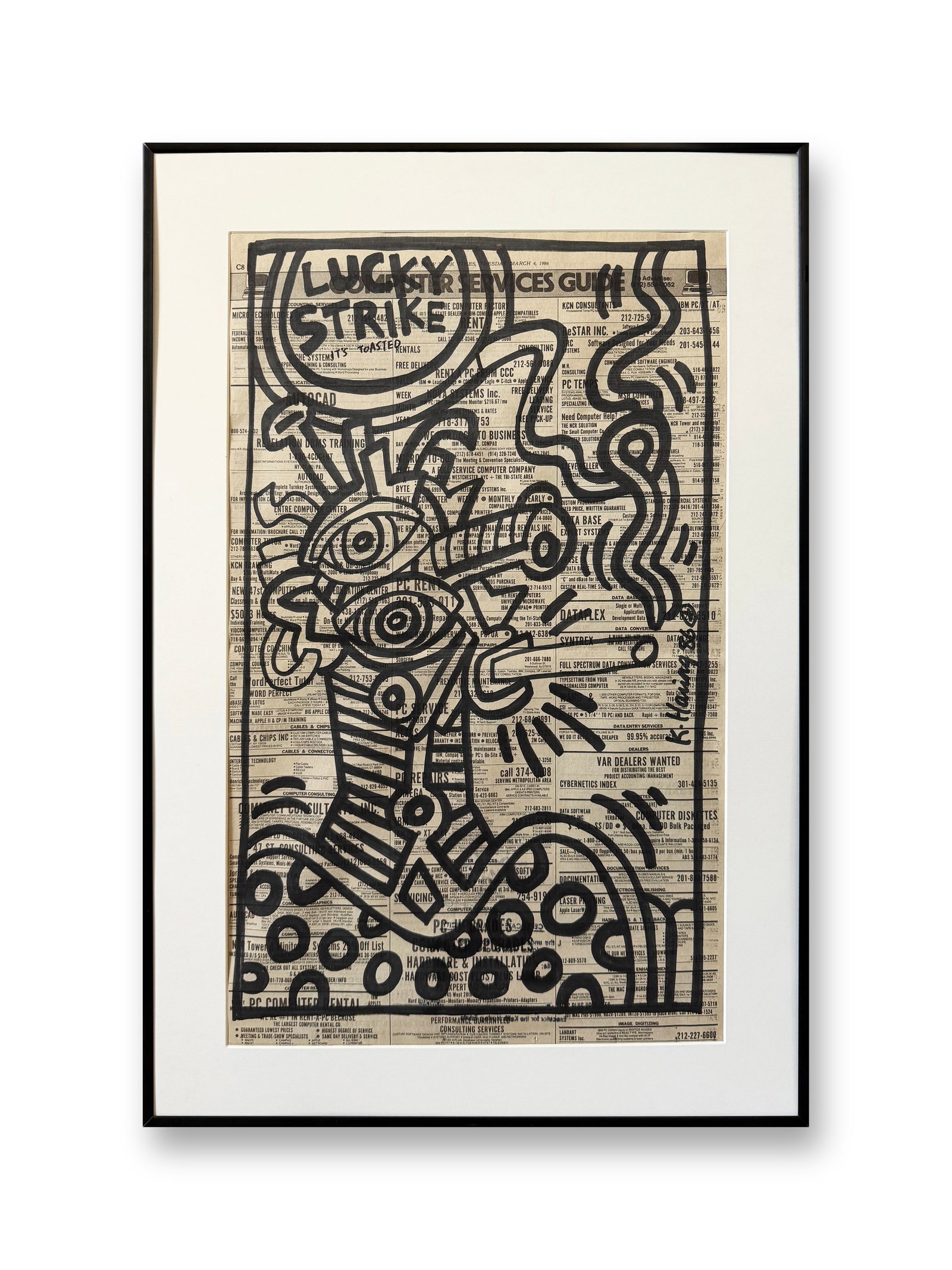 KEITH HARING (1958-1990), ATTRIBUTED TO, MARKER PEN ON NEWSPAPER: Image Size:21 7/8 by 13 5/8 inches (55.5 by 34.5cm) Framed dimensions: 25 1/2 by 17 1/4 in (65 by 44cm) Keith Haring (1958-1990) was a trailblazing American artist celebrated for his iconic and access