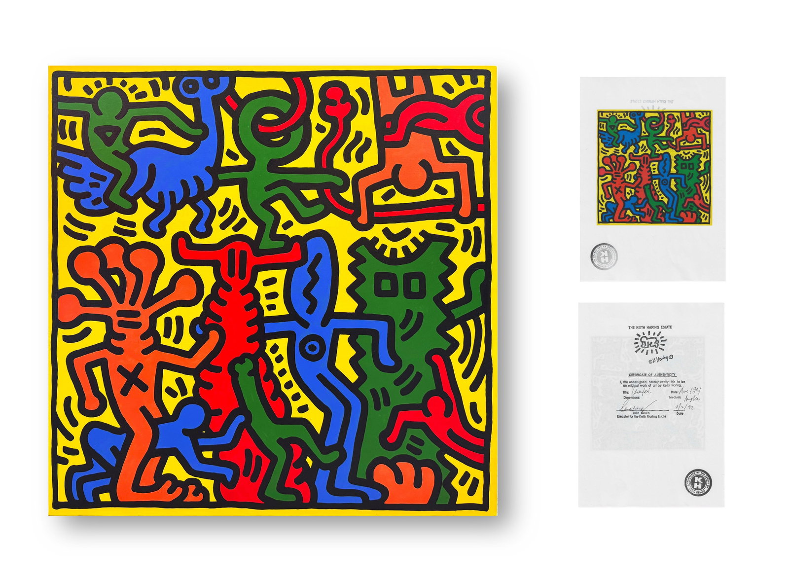 KEITH HARING (1958-1990), ATTRIBUTED TO, ACRYLIC ON CANVAS: Image Size: 30 by 30 inches (76 by 76cm) All measurements are approximate. Signed (reverse)Keith Haring (1958-1990) was a trailblazing American artist celebrated for his iconic and accessible visual l