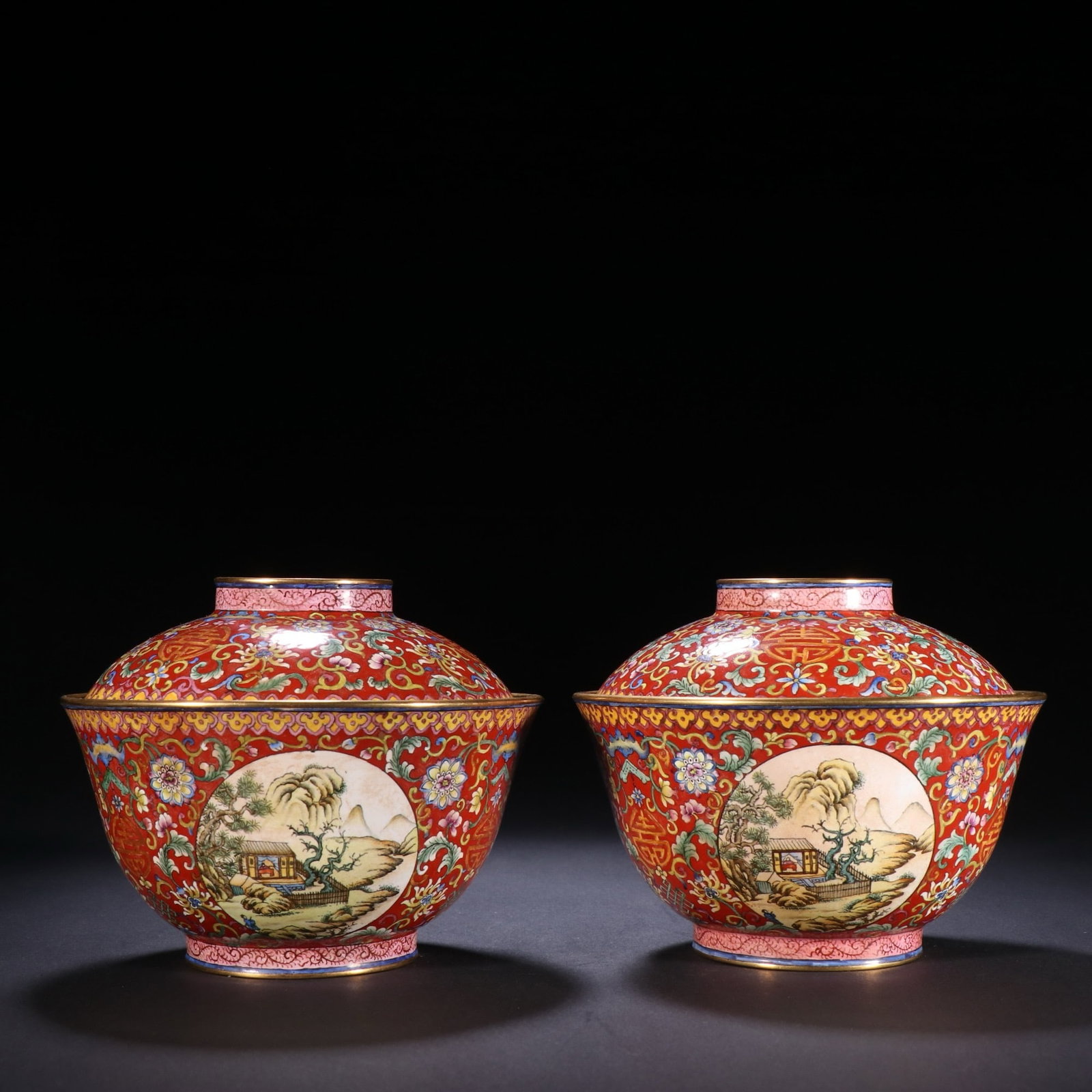 Qing Dynasty Gold Painting Enamel Wrapping Branches and Flowers Pair of Gaiwan: H9cm W11cm Weight660g