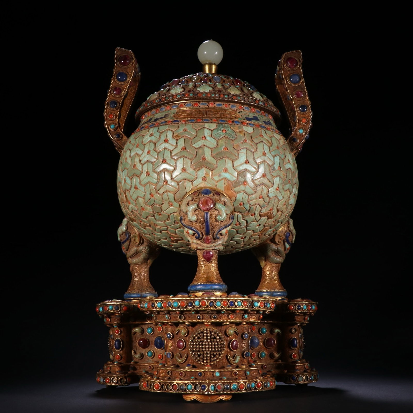 Qing Dynasty silver gilt green pine tourmaline inlay incense burner: H37cm W17cm Weight5140g