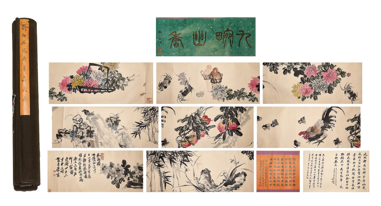Chinese ink painting, Qi Baishi, flowers, grass and insects long scroll: H1140cm W50cm